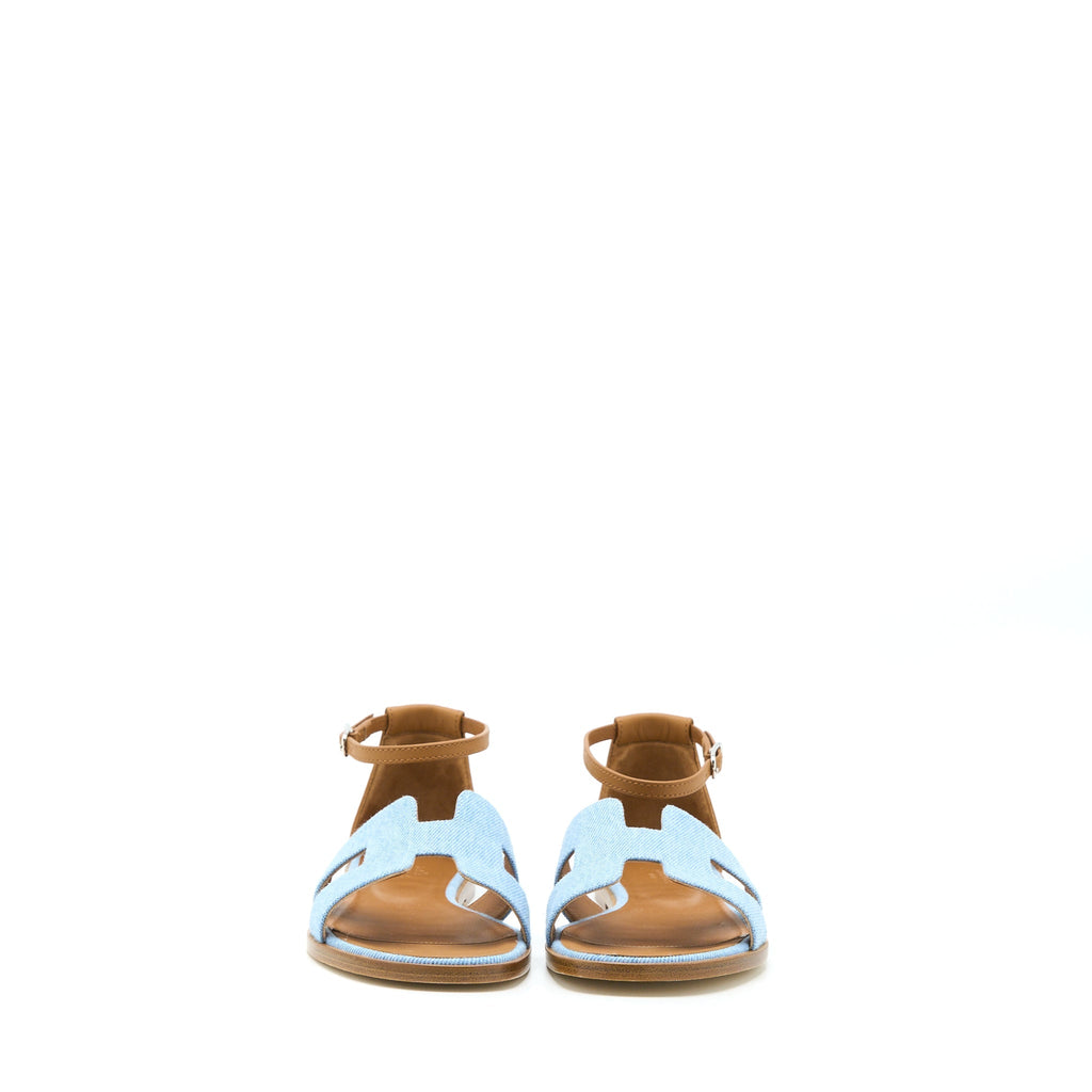 HERMES SANTORINI SANDALS DENIM CANVAS/LEATHER BLUE CLAIR/NATURAL SHW