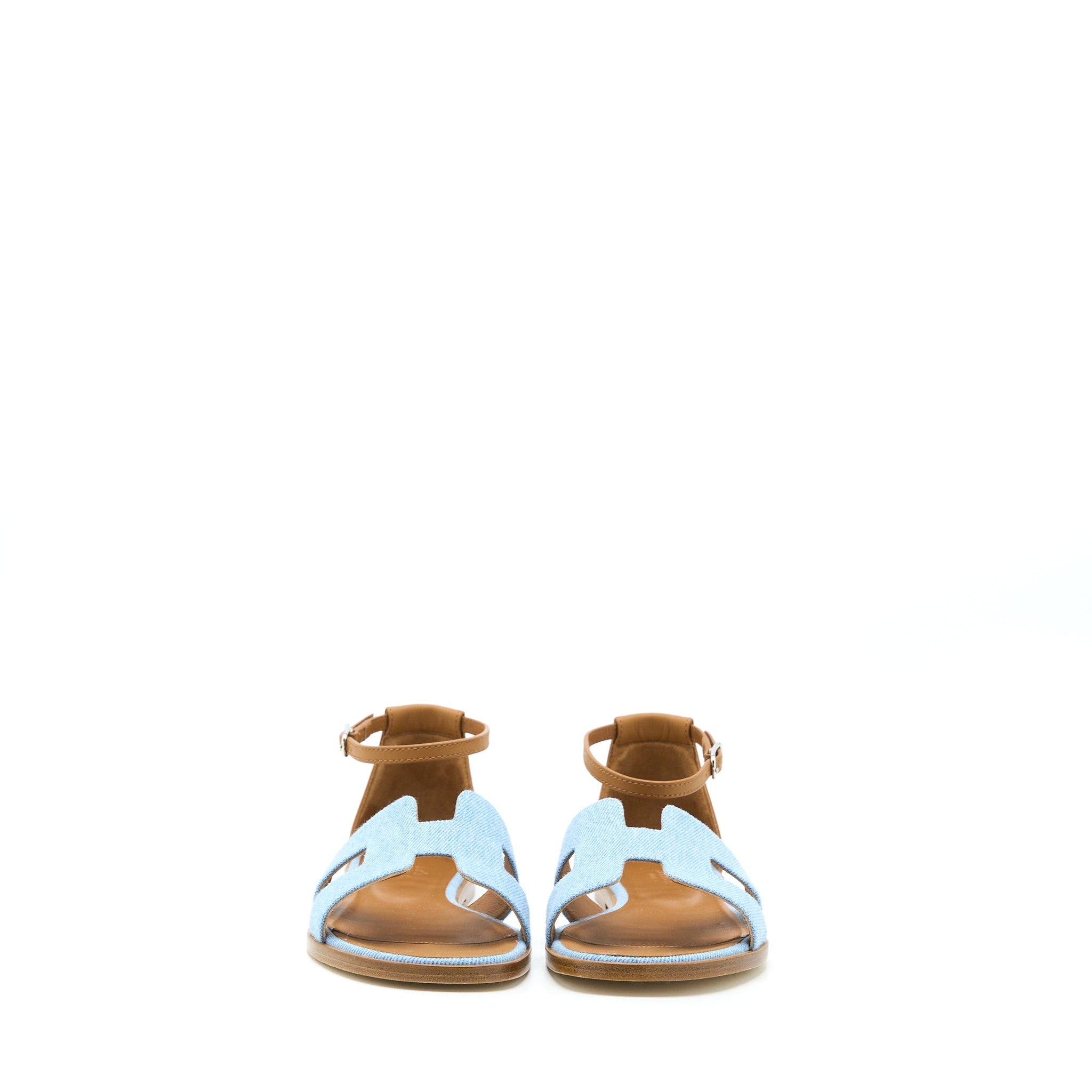 HERMES SANTORINI SANDALS DENIM CANVAS/LEATHER BLUE CLAIR/NATURAL SHW