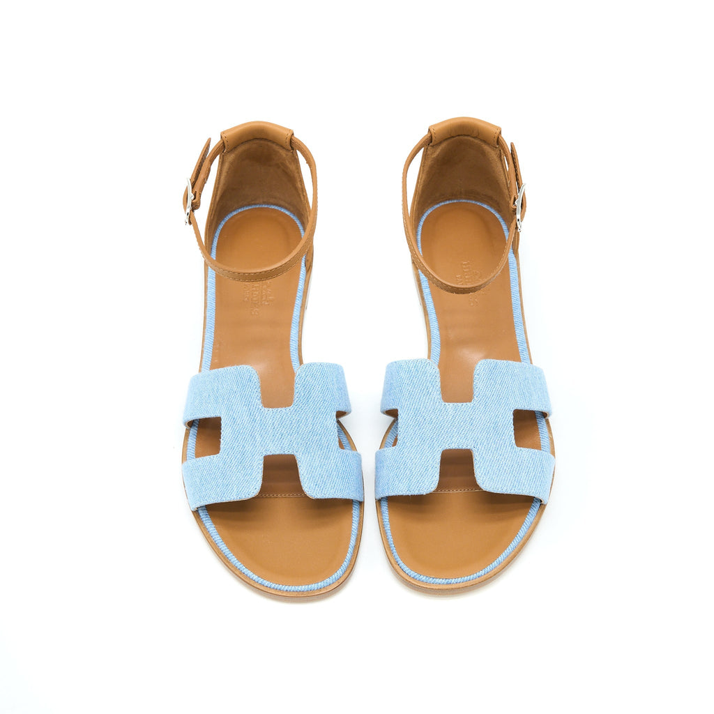 HERMES SANTORINI SANDALS DENIM CANVAS/LEATHER BLUE CLAIR/NATURAL SHW