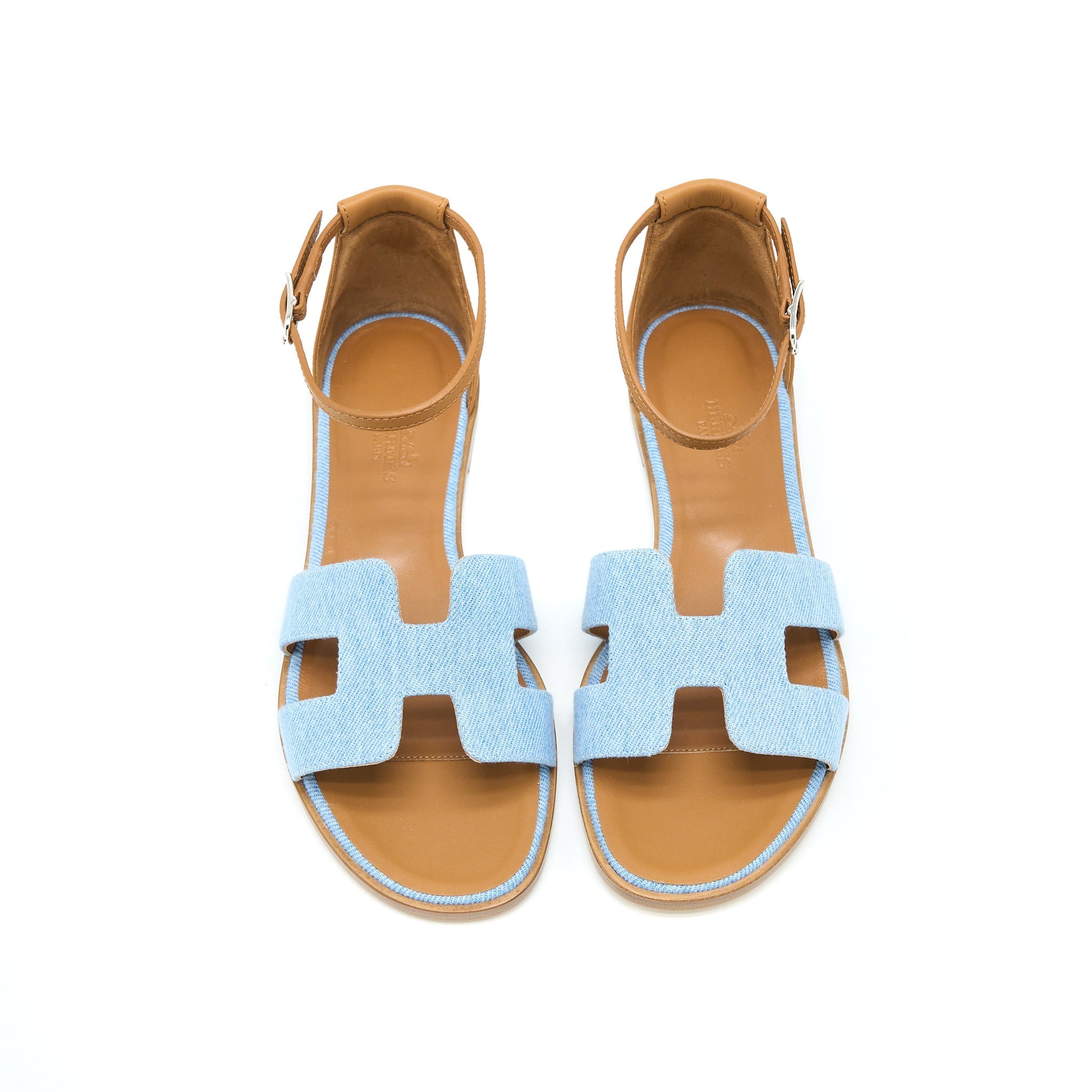 HERMES SANTORINI SANDALS DENIM CANVAS/LEATHER BLUE CLAIR/NATURAL SHW