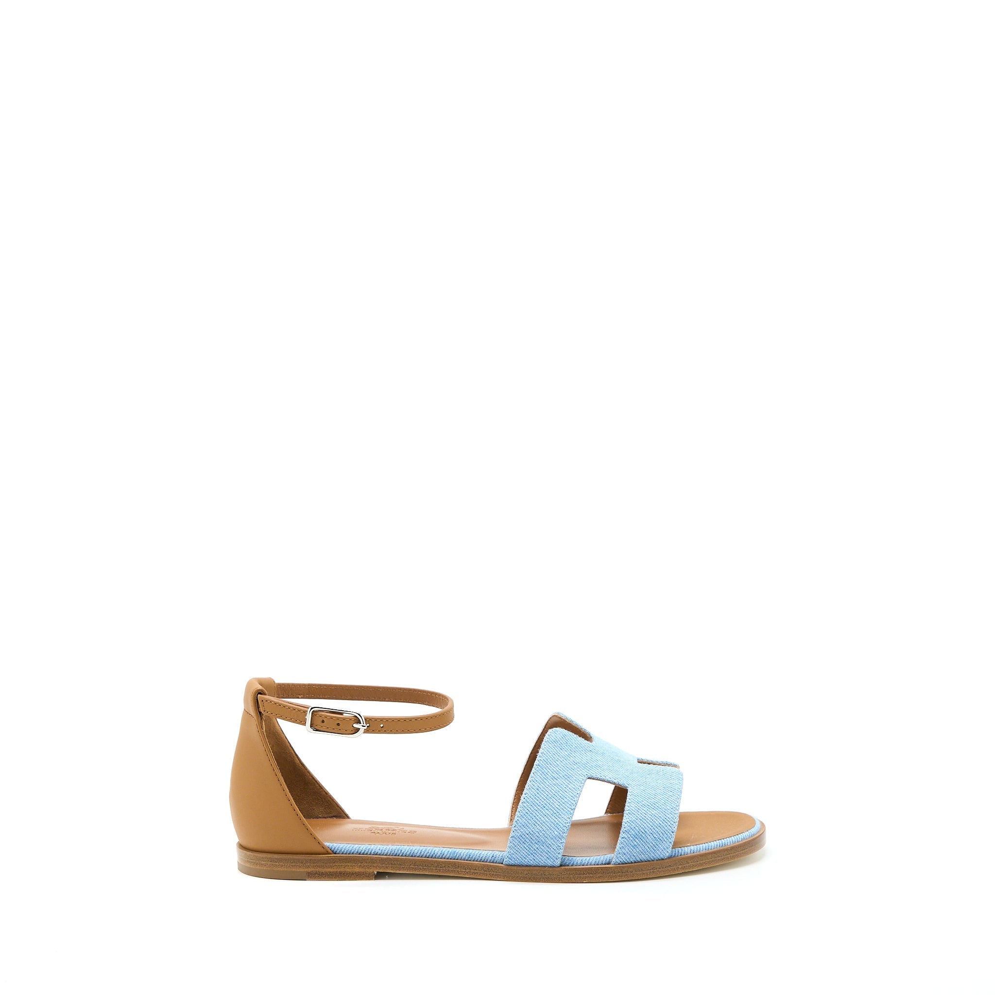 HERMES SANTORINI SANDALS DENIM CANVAS/LEATHER BLUE CLAIR/NATURAL SHW