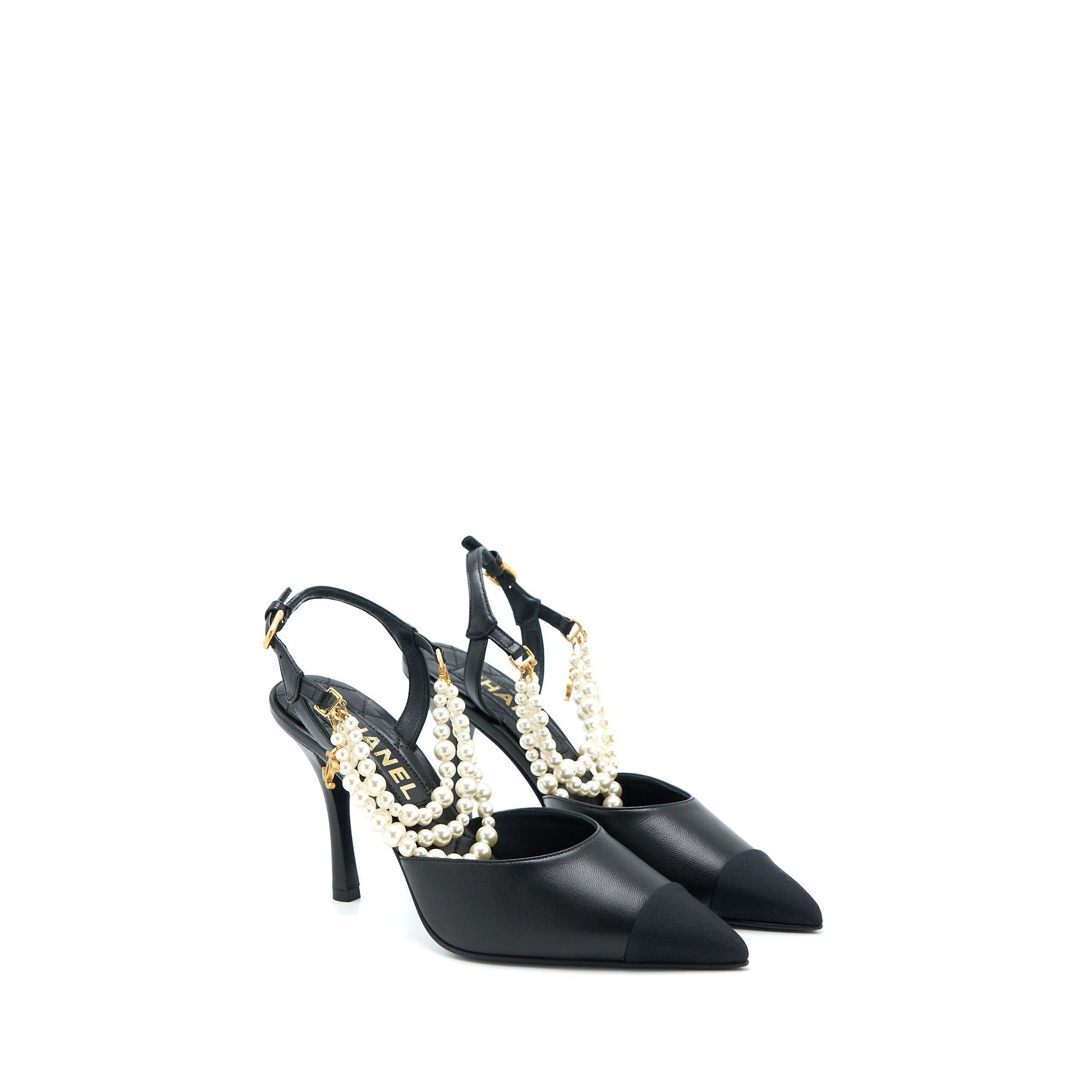 CHANEL HEEL WITH PEARL LEATHER/FABRIC BLACK GHW