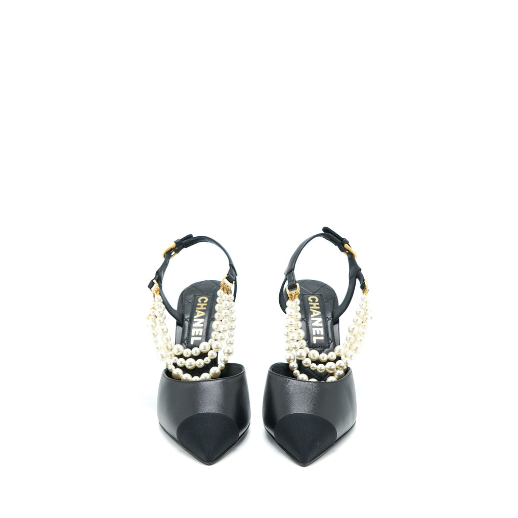 CHANEL HEEL WITH PEARL LEATHER/FABRIC BLACK GHW