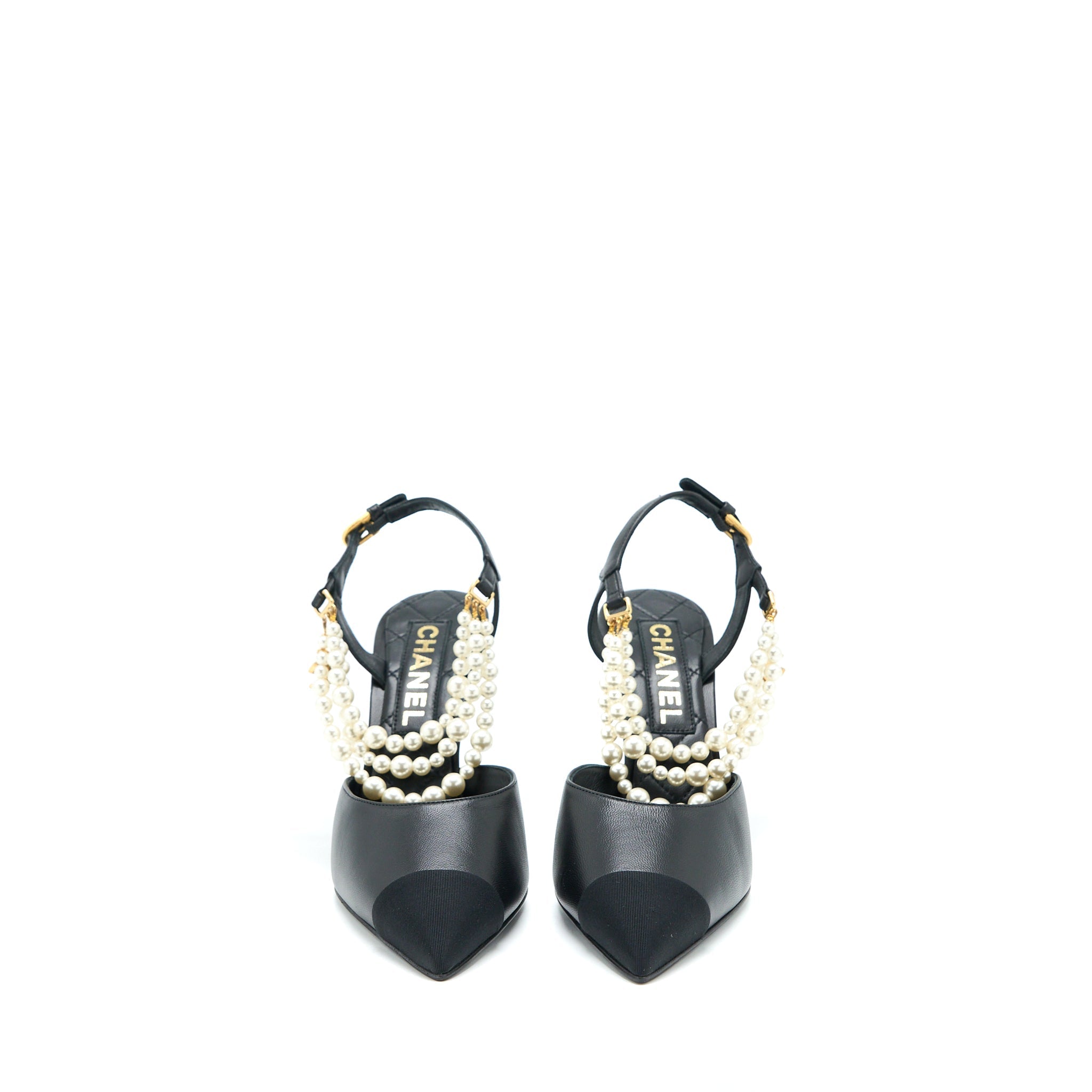 CHANEL HEEL WITH PEARL LEATHER/FABRIC BLACK GHW
