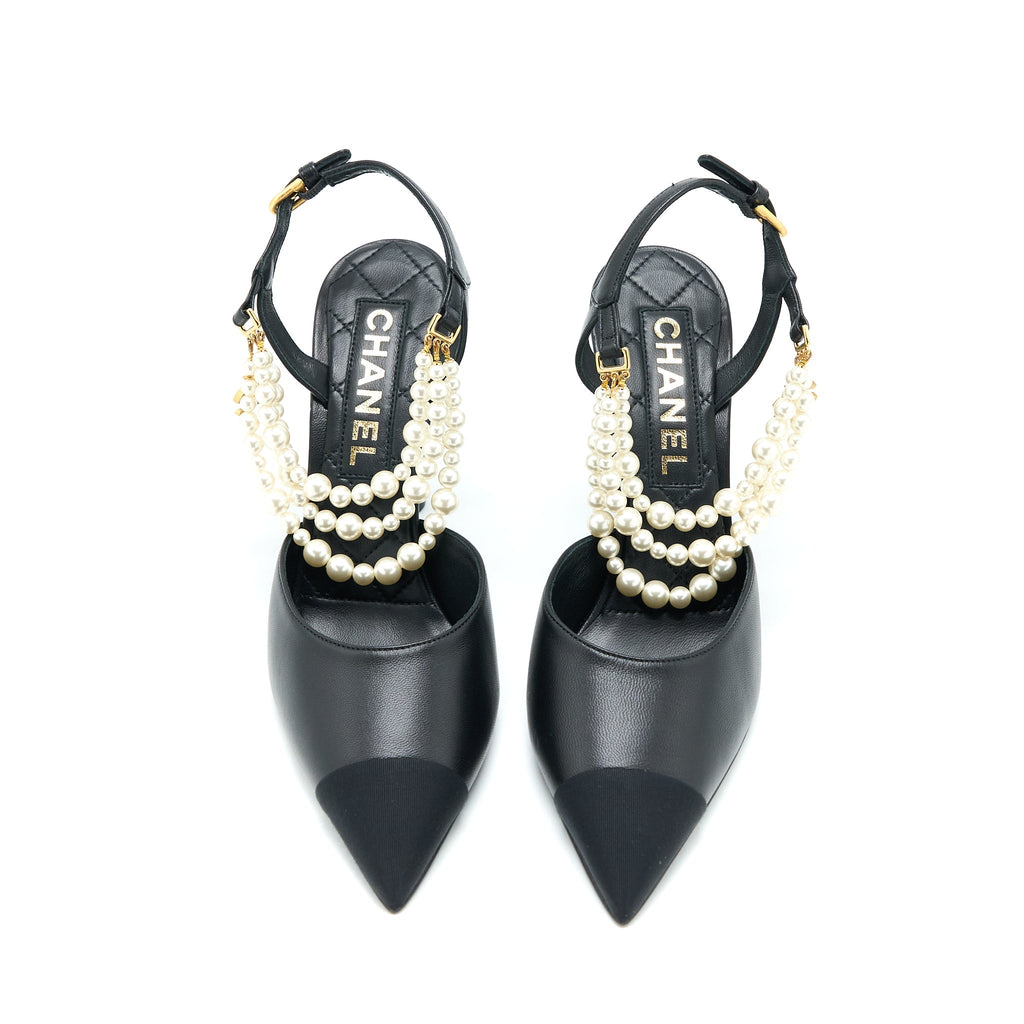 CHANEL HEEL WITH PEARL LEATHER/FABRIC BLACK GHW