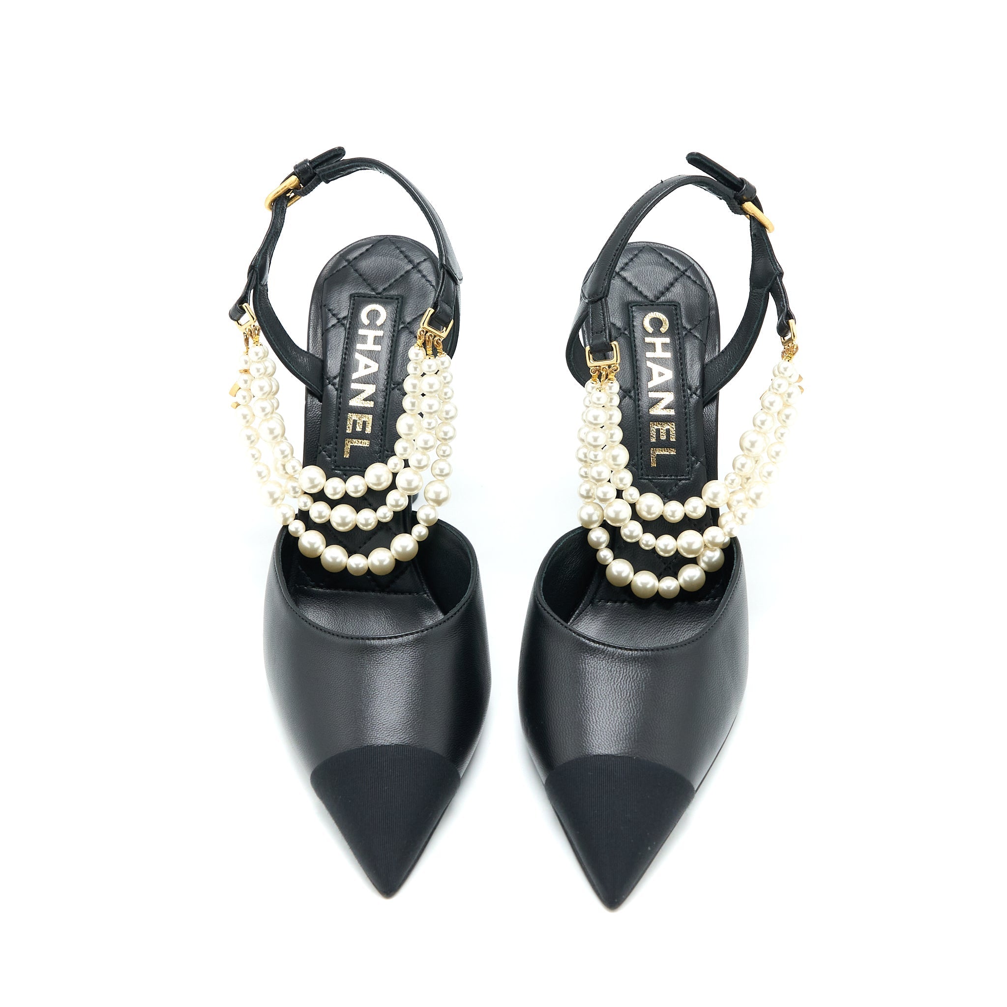 CHANEL HEEL WITH PEARL LEATHER/FABRIC BLACK GHW