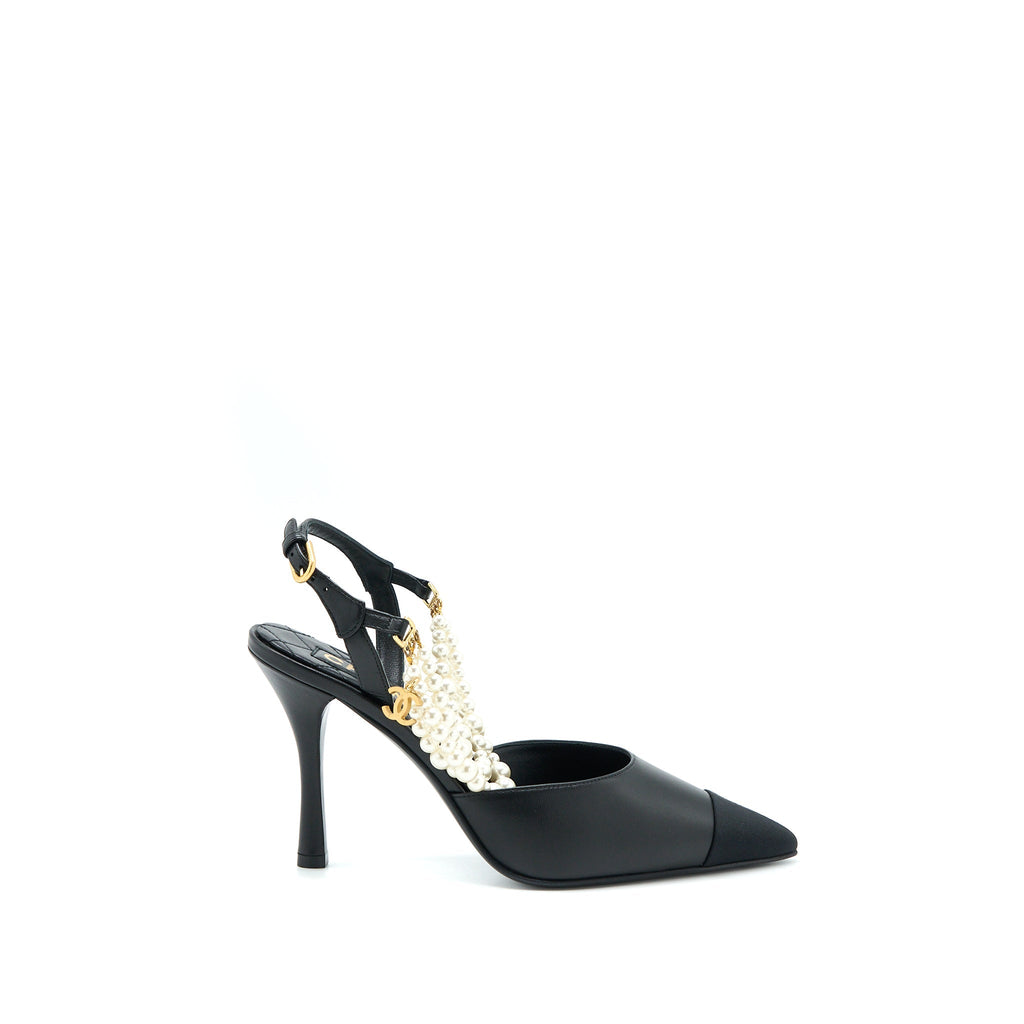 CHANEL HEEL WITH PEARL LEATHER/FABRIC BLACK GHW