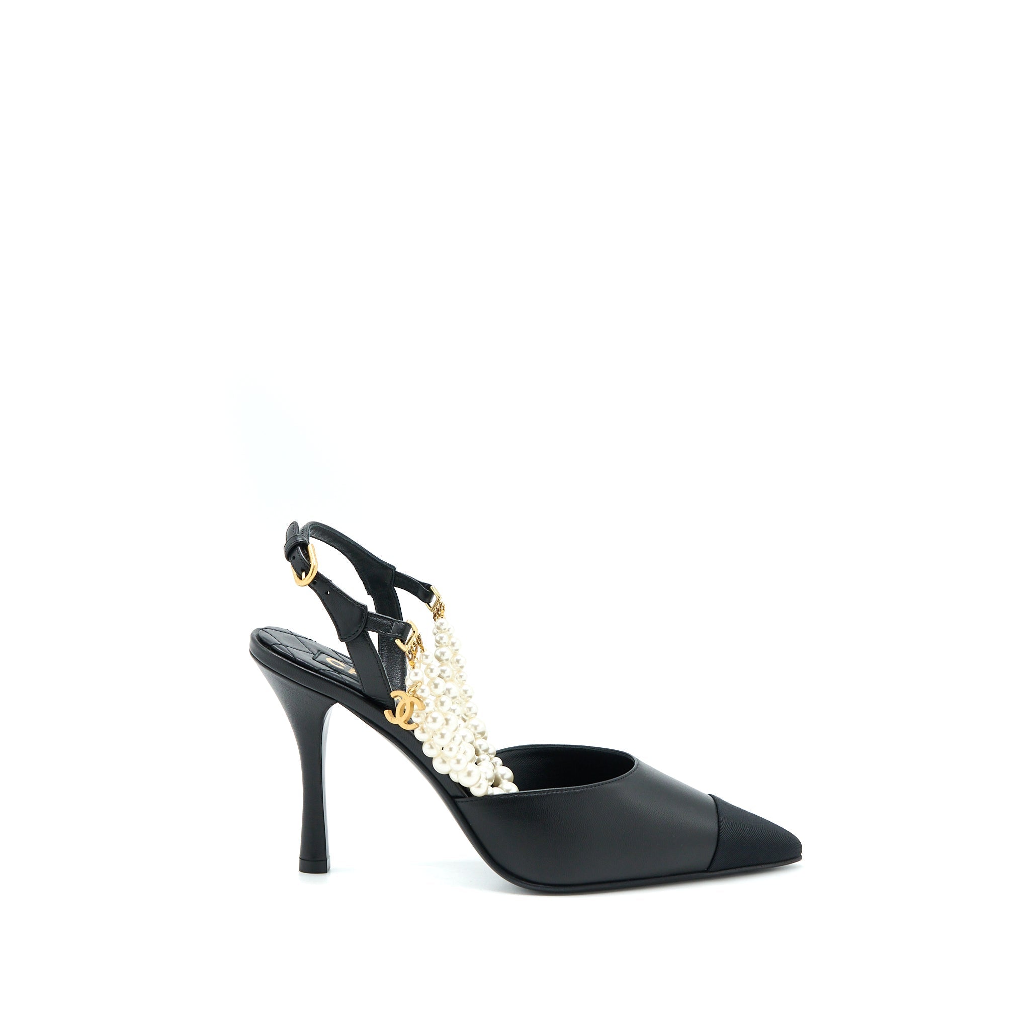 CHANEL HEEL WITH PEARL LEATHER/FABRIC BLACK GHW