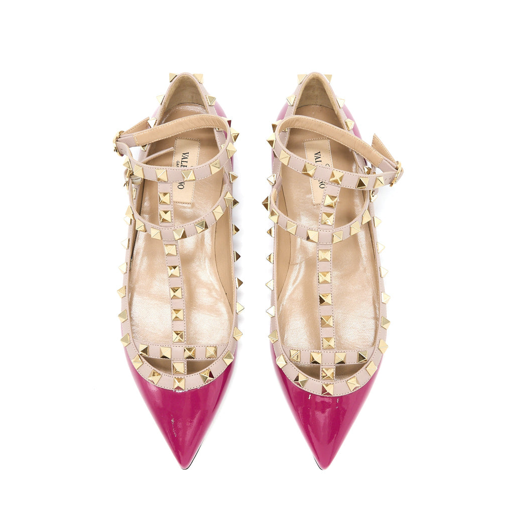 VALENTINO GARAVANI ROCKSTUD BALLET FLAT CAGED PATENT PINK LGHW