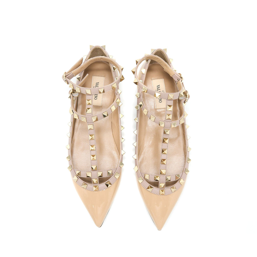 VALENTINO GARAVANI ROCKSTUD BALLET FLAT CAGED PATENT BEIGE LGHW