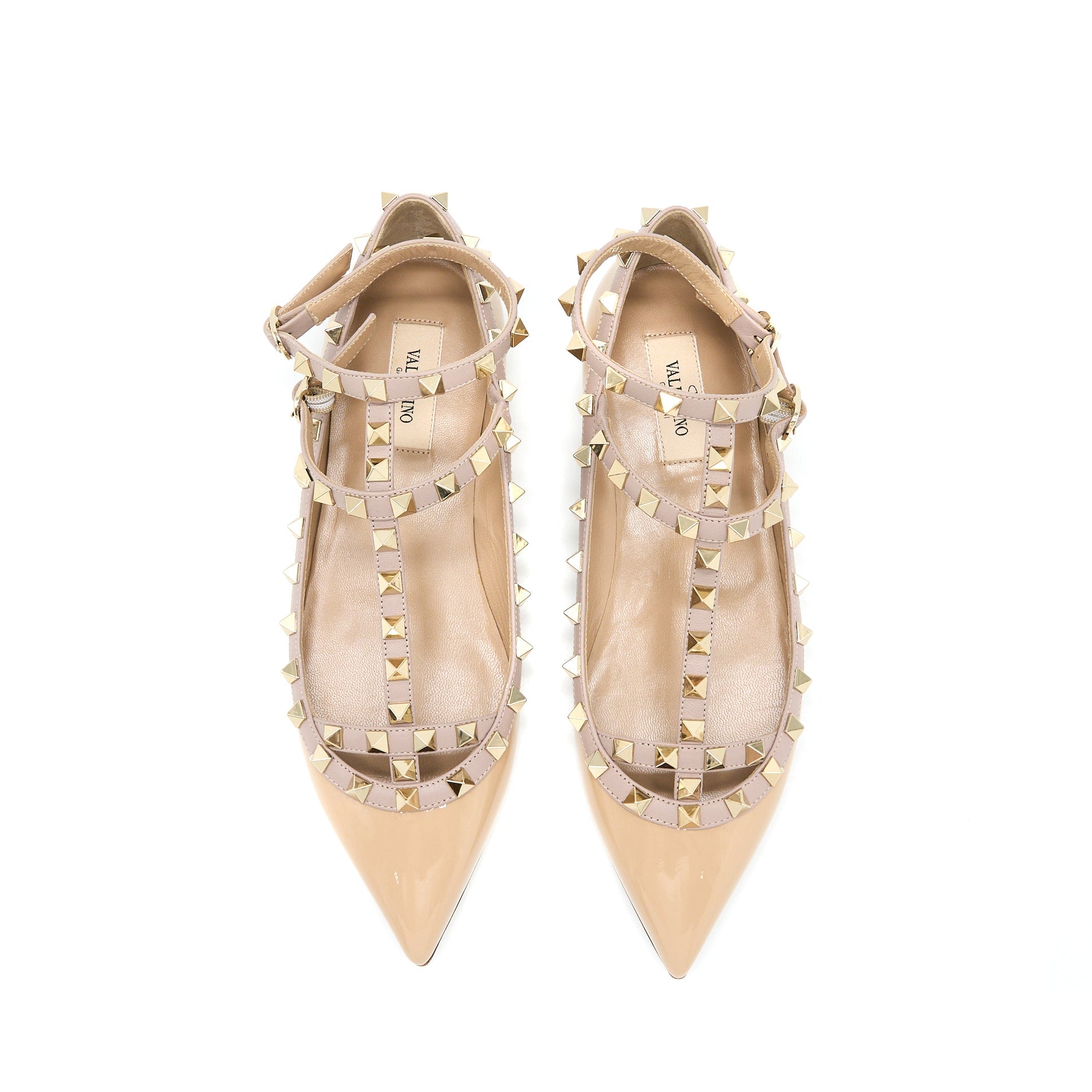 VALENTINO GARAVANI ROCKSTUD BALLET FLAT CAGED PATENT BEIGE LGHW
