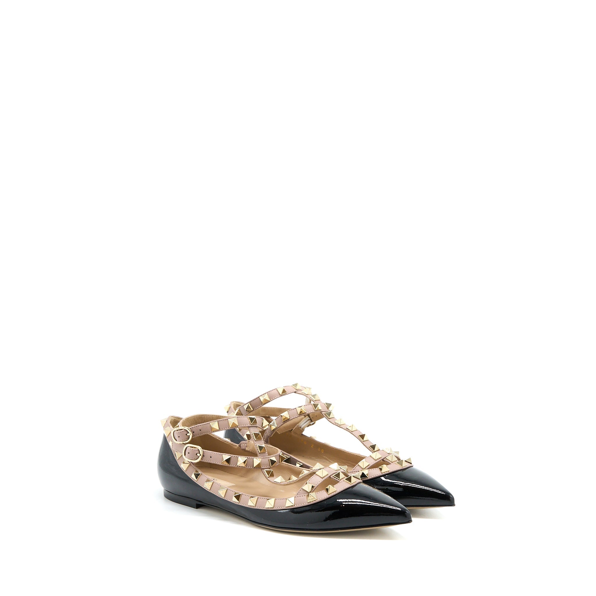 VALENTINO GARAVANI ROCKSTUD BALLET FLAT CAGED PATENT BLACK LGHW