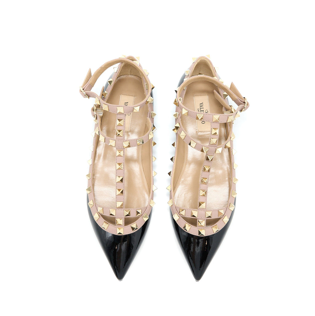 VALENTINO GARAVANI ROCKSTUD BALLET FLAT CAGED PATENT BLACK LGHW