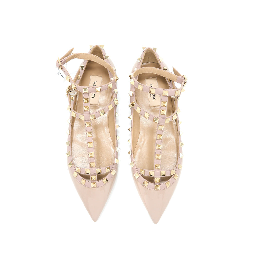 VALENTINO GARAVANI ROCKSTUD BALLET FLAT CAGED PATENT LIGHT PINK LGHW