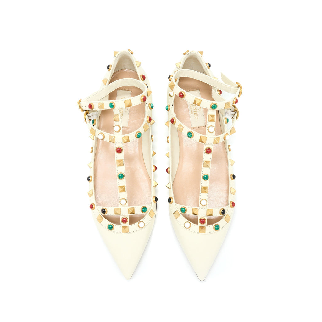 VALENTINO GARAVANI ROCKSTUD BALLET FLAT LAMBSKIN WHITE MULTICOLOUR HARDWARE
