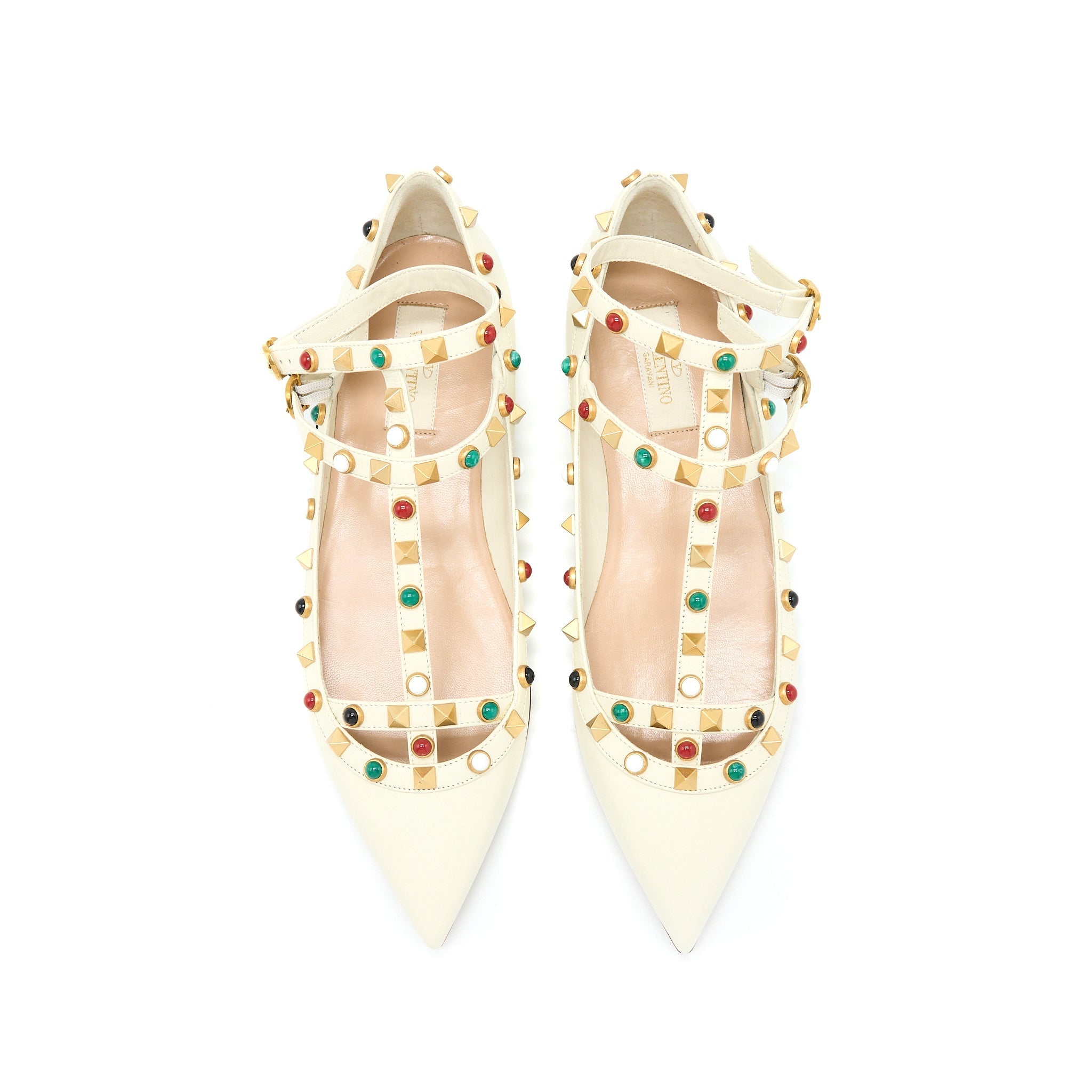 VALENTINO GARAVANI ROCKSTUD BALLET FLAT LAMBSKIN WHITE MULTICOLOUR HARDWARE