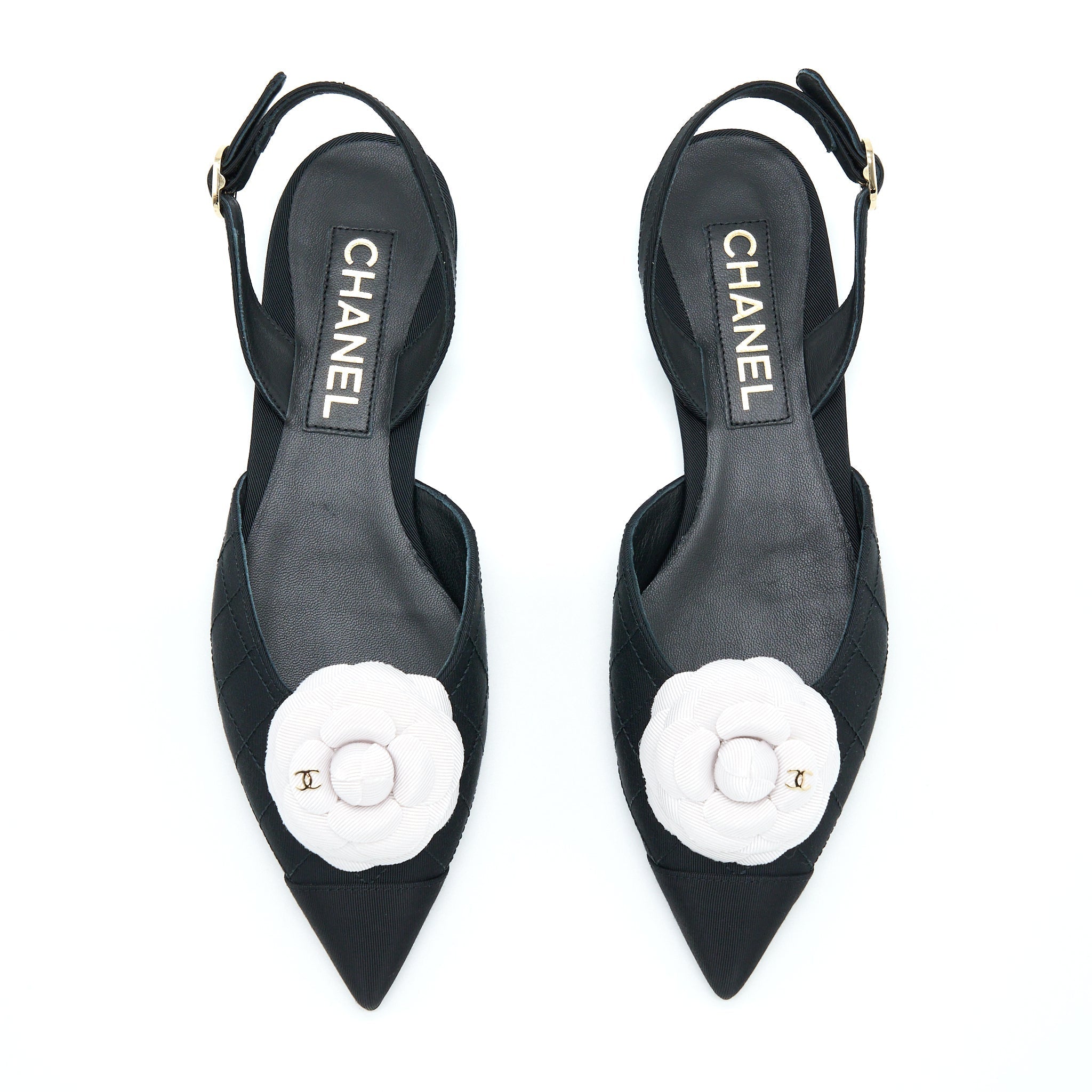 CHANEL C CAMELLIA FLAP SANDEL BLACK