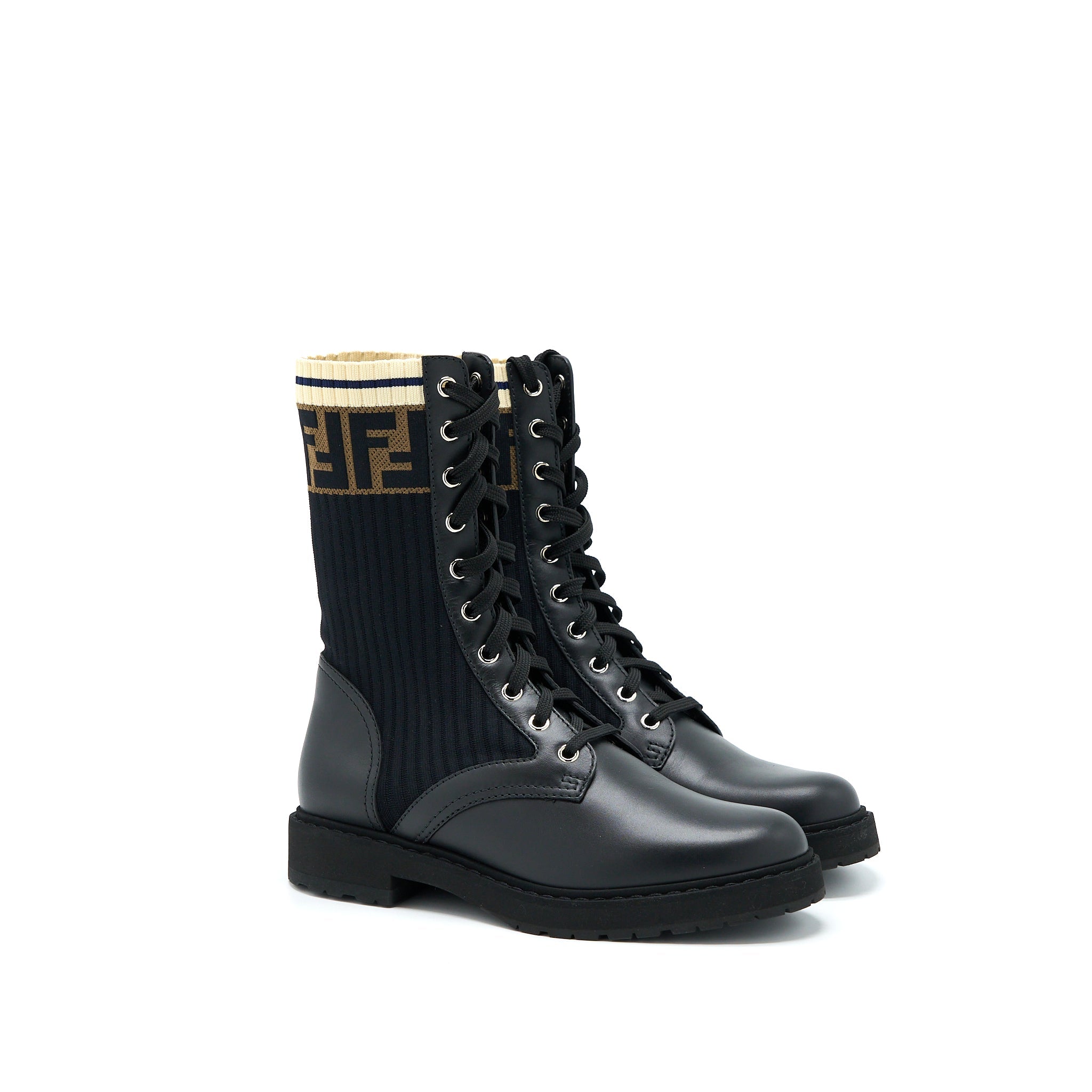 FENDI BLACK LEATHER BIKER BOOTS WITH STRETCH FABRIC SHW