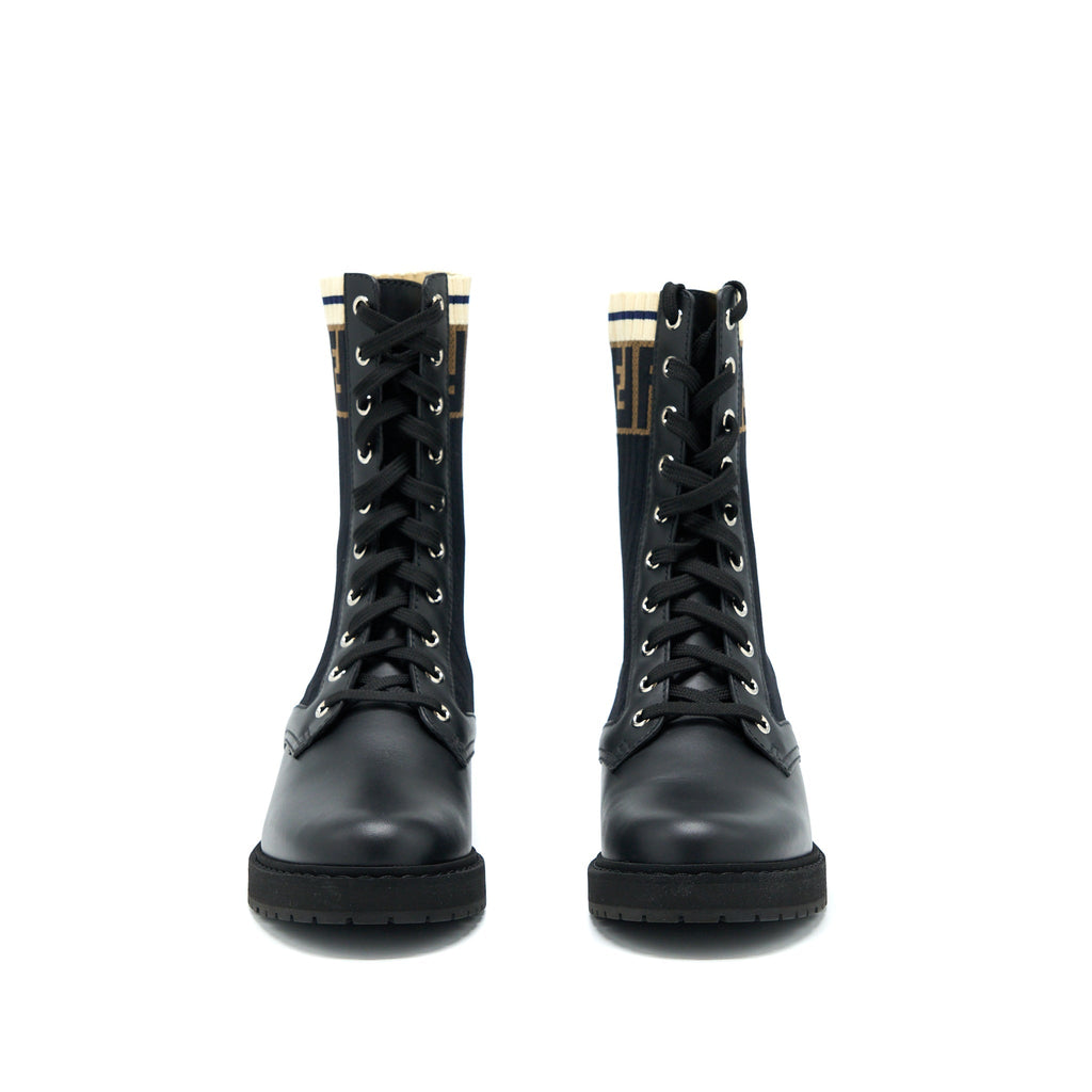 FENDI BLACK LEATHER BIKER BOOTS WITH STRETCH FABRIC SHW