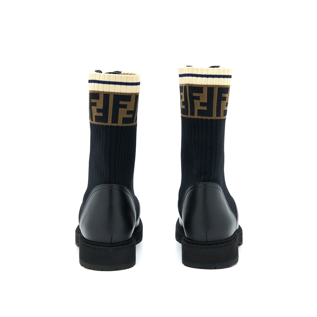 FENDI BLACK LEATHER BIKER BOOTS WITH STRETCH FABRIC SHW