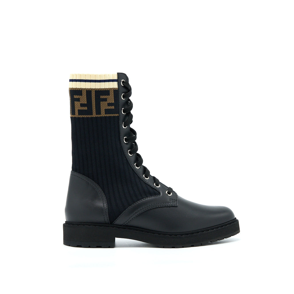 FENDI BLACK LEATHER BIKER BOOTS WITH STRETCH FABRIC SHW