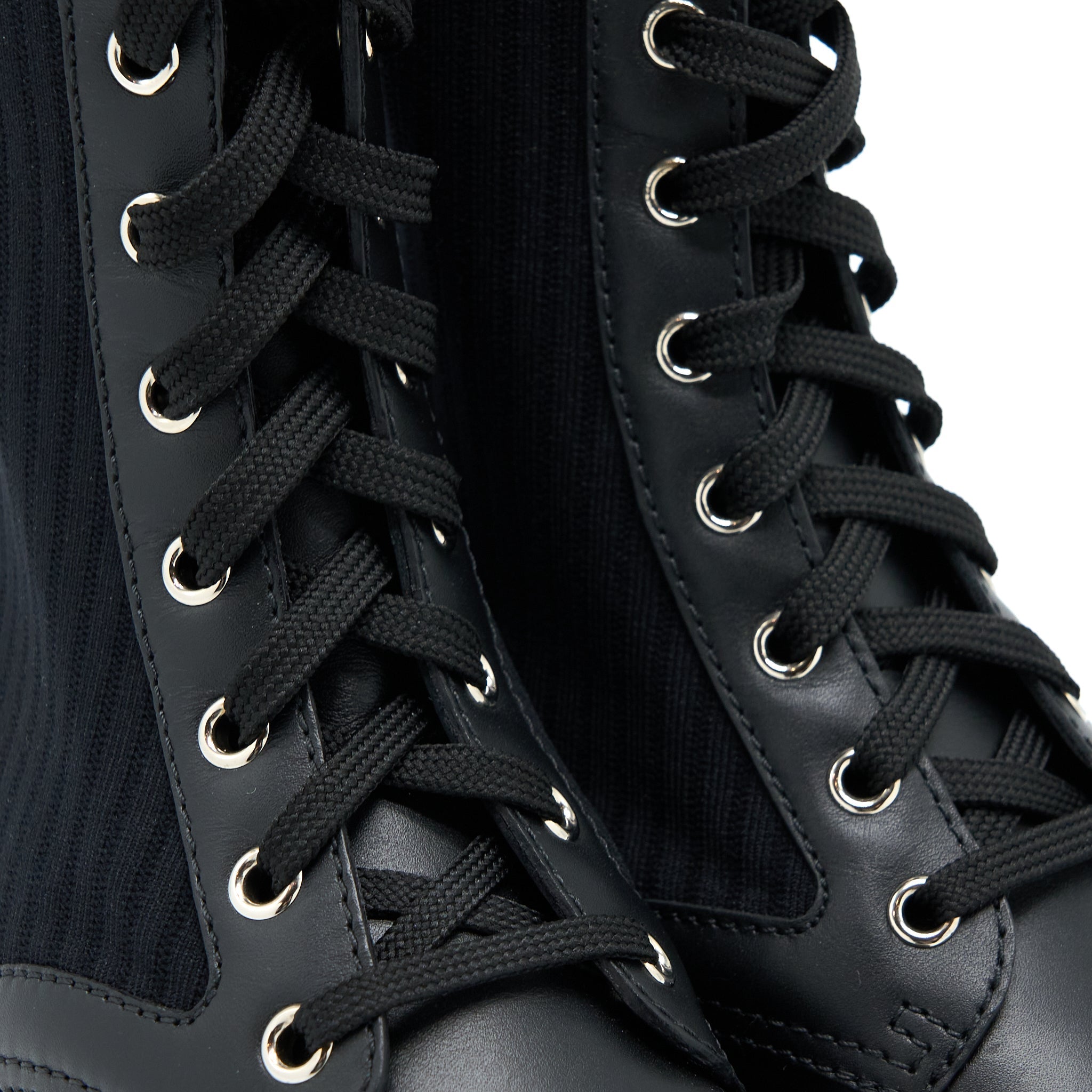 FENDI BLACK LEATHER BIKER BOOTS WITH STRETCH FABRIC SHW