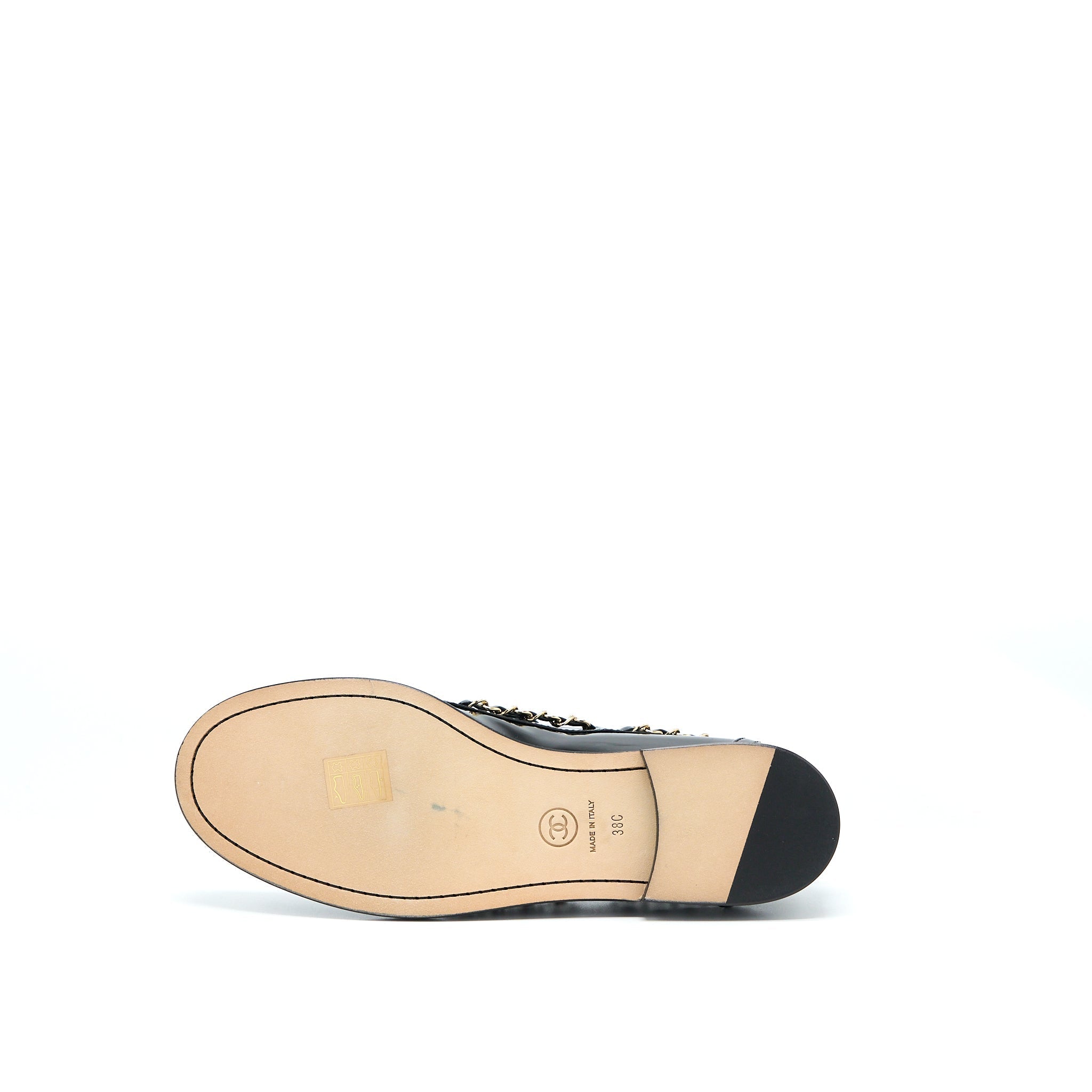 CHANEL CC LOGO FLATS CHAIN LOAFERS PATENT BLACK