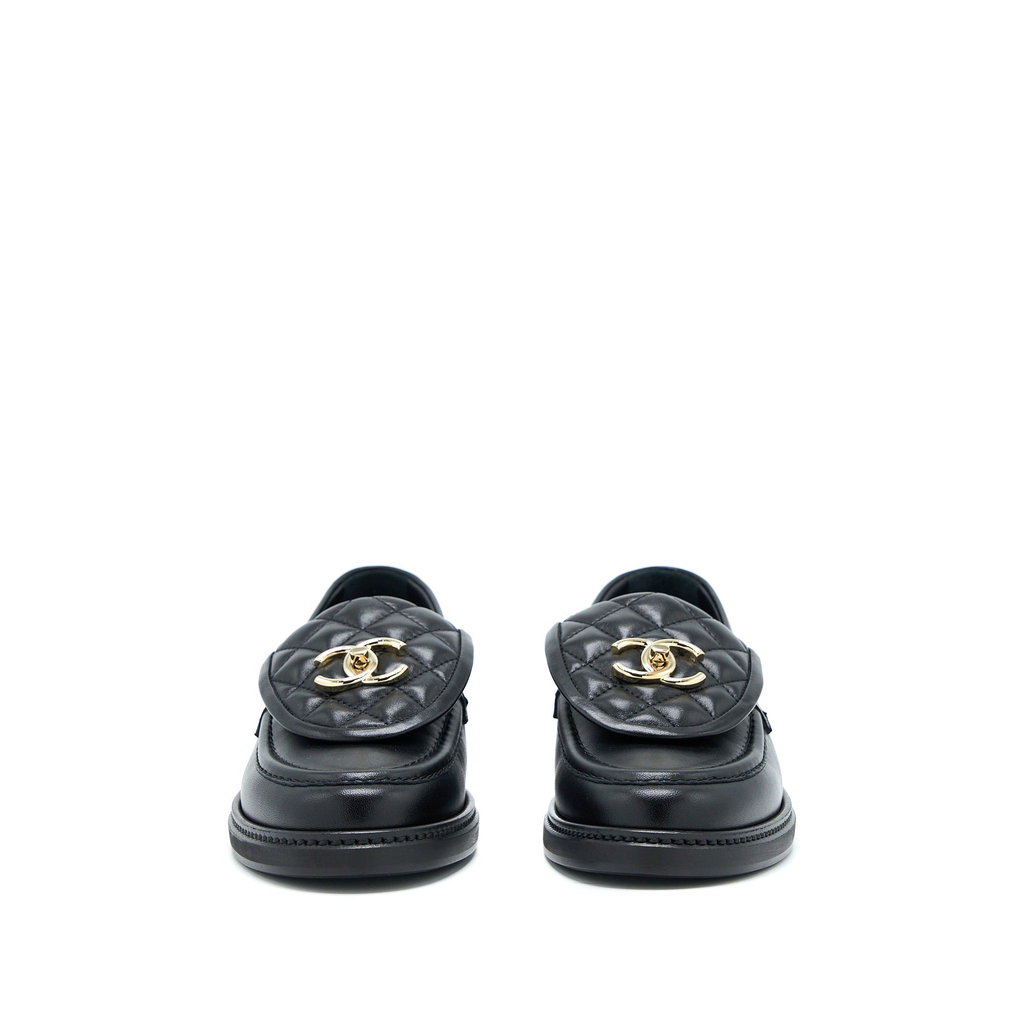 CHANEL CC TURNLOCK LOAFERS BLACK QUILTED LEATHER LGHW