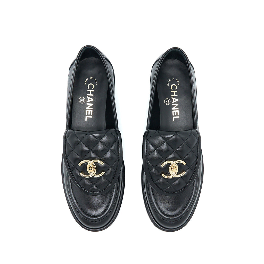 CHANEL CC TURNLOCK LOAFERS BLACK QUILTED LEATHER LGHW