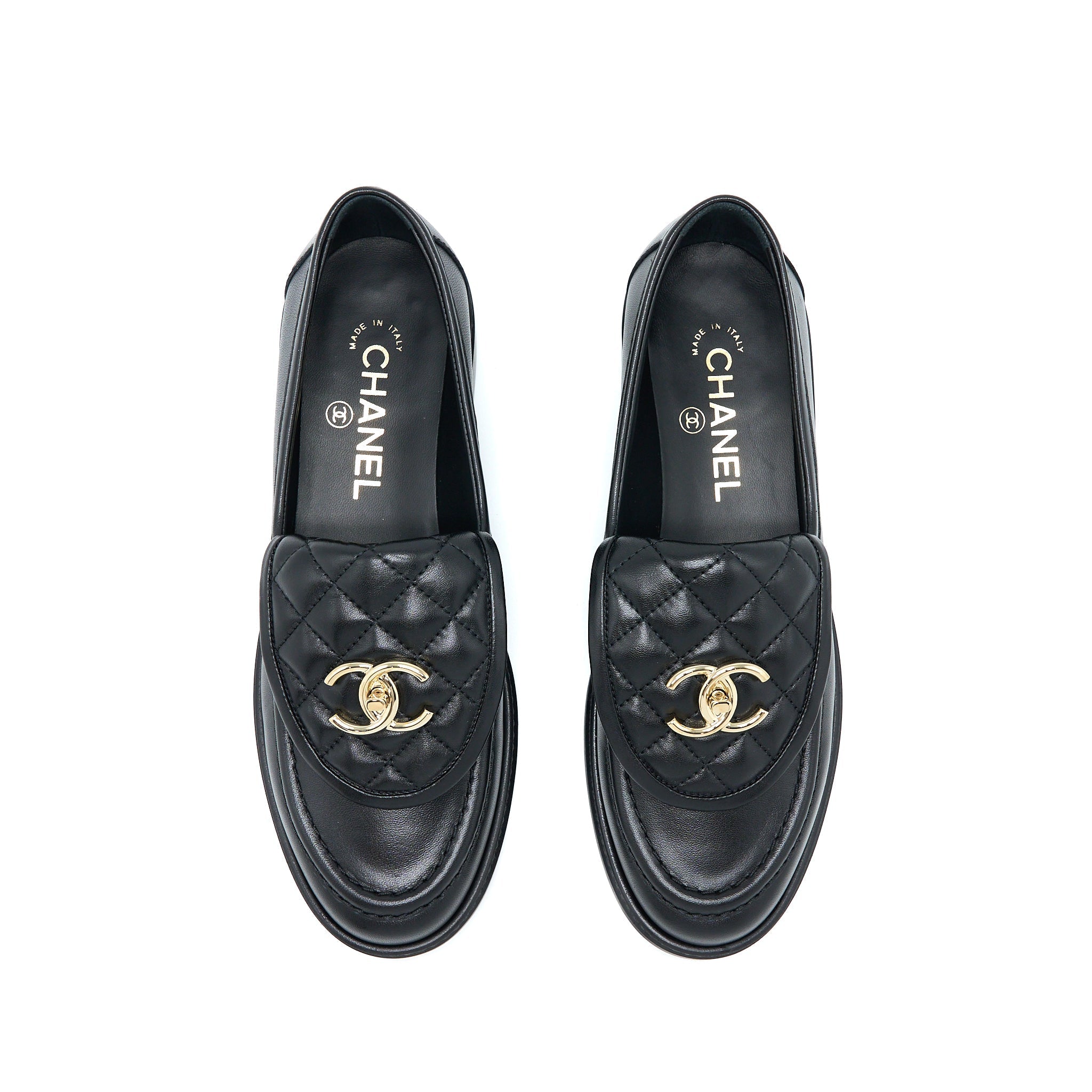 CHANEL CC TURNLOCK LOAFERS BLACK QUILTED LEATHER LGHW