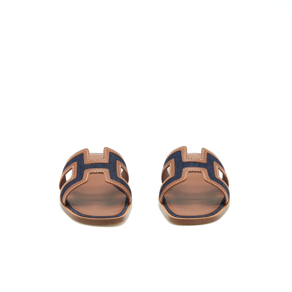 HERMES ORAN SANDALS DENIM CANVAS / CALFSKIN BLUE BRUT