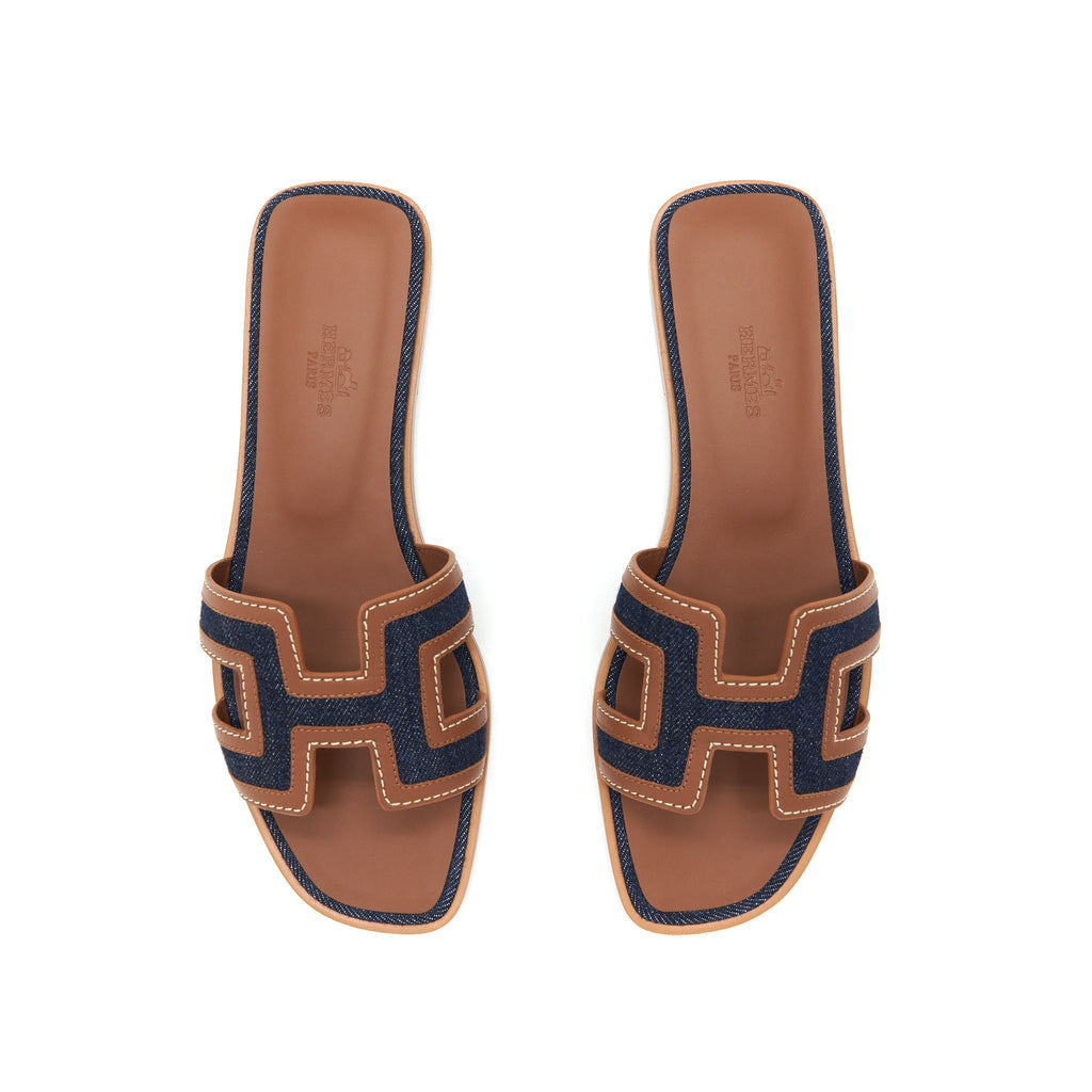 HERMES ORAN SANDALS DENIM CANVAS / CALFSKIN BLUE BRUT