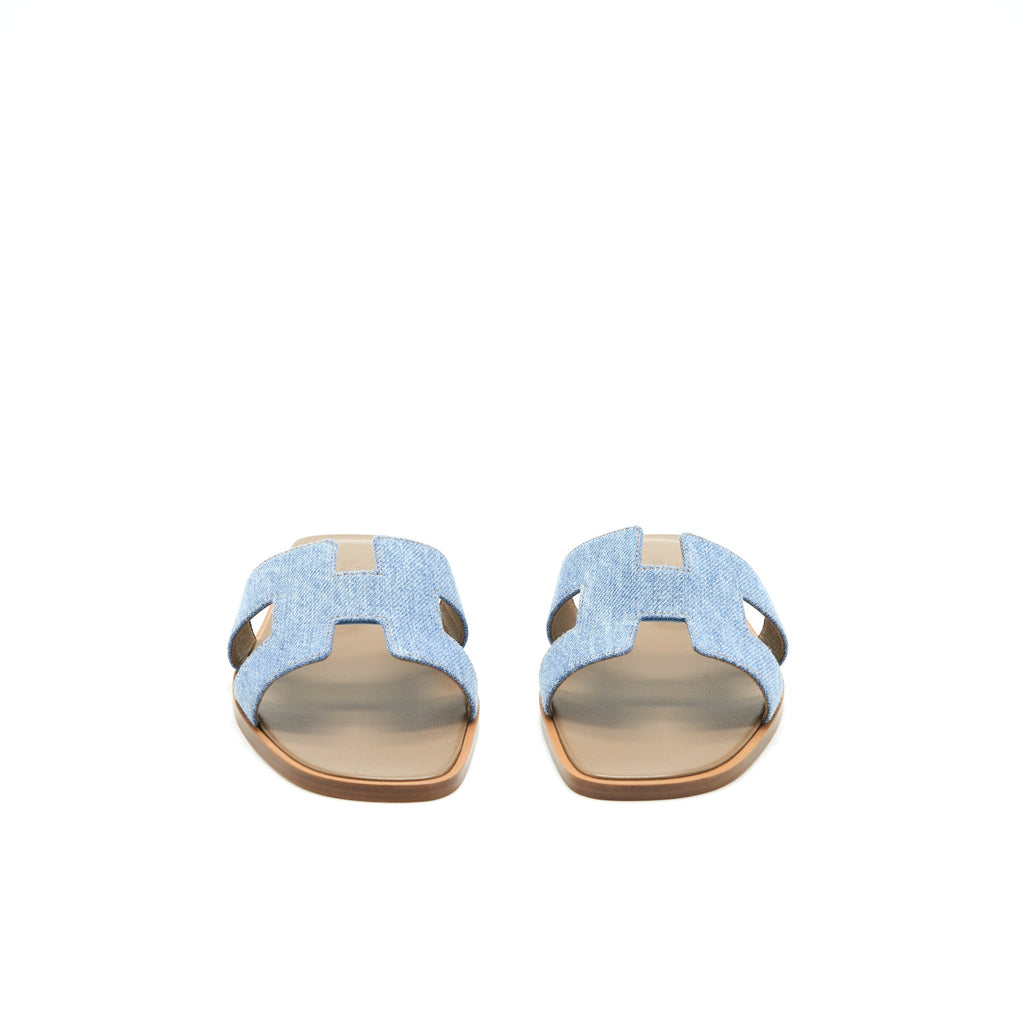 HERMES ORAN SANDALS DENIM CANVAS BLUE CLAIR