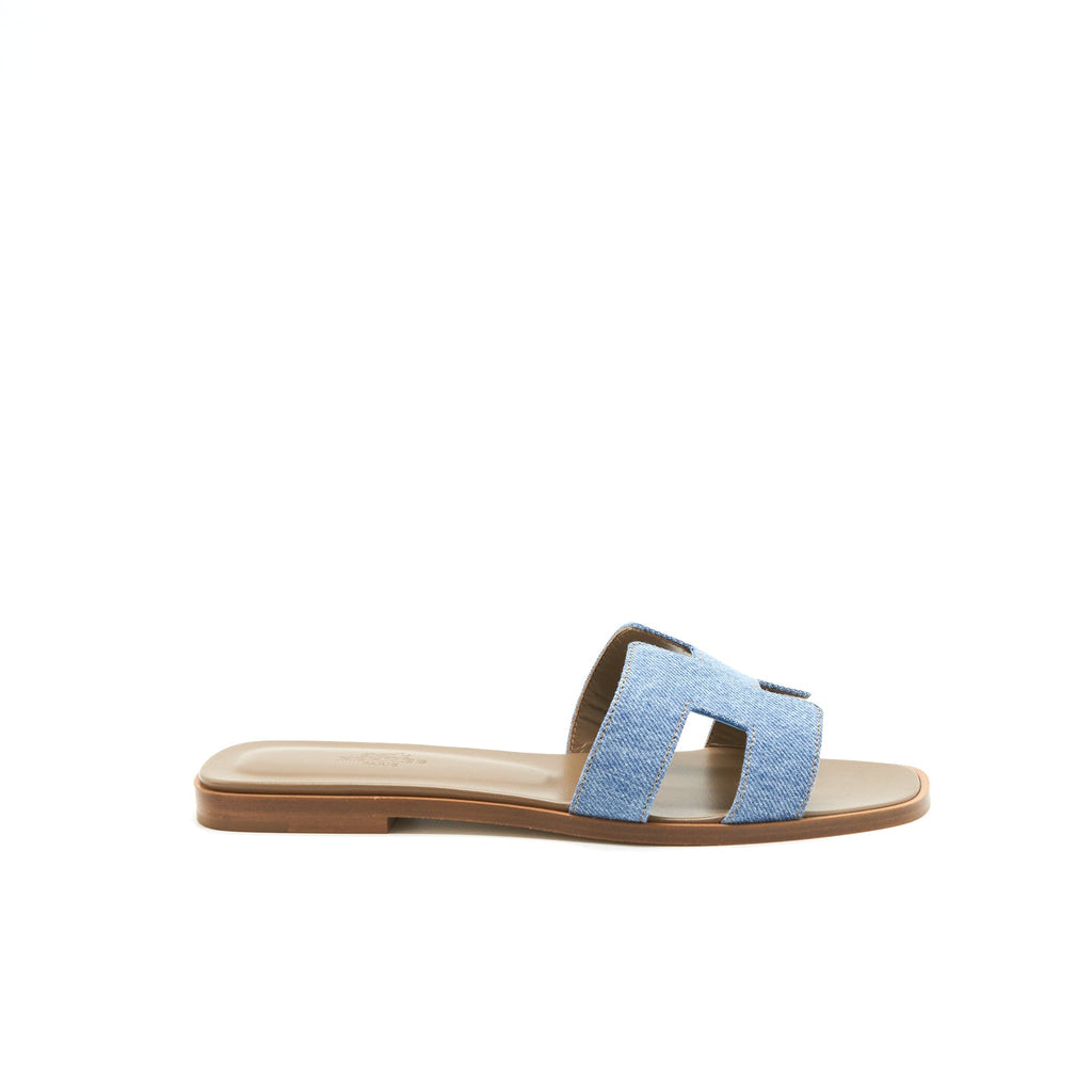 HERMES ORAN SANDALS DENIM CANVAS BLUE CLAIR