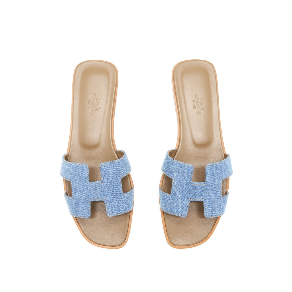 HERMES ORAN SANDALS DENIM CANVAS BLUE CLAIR