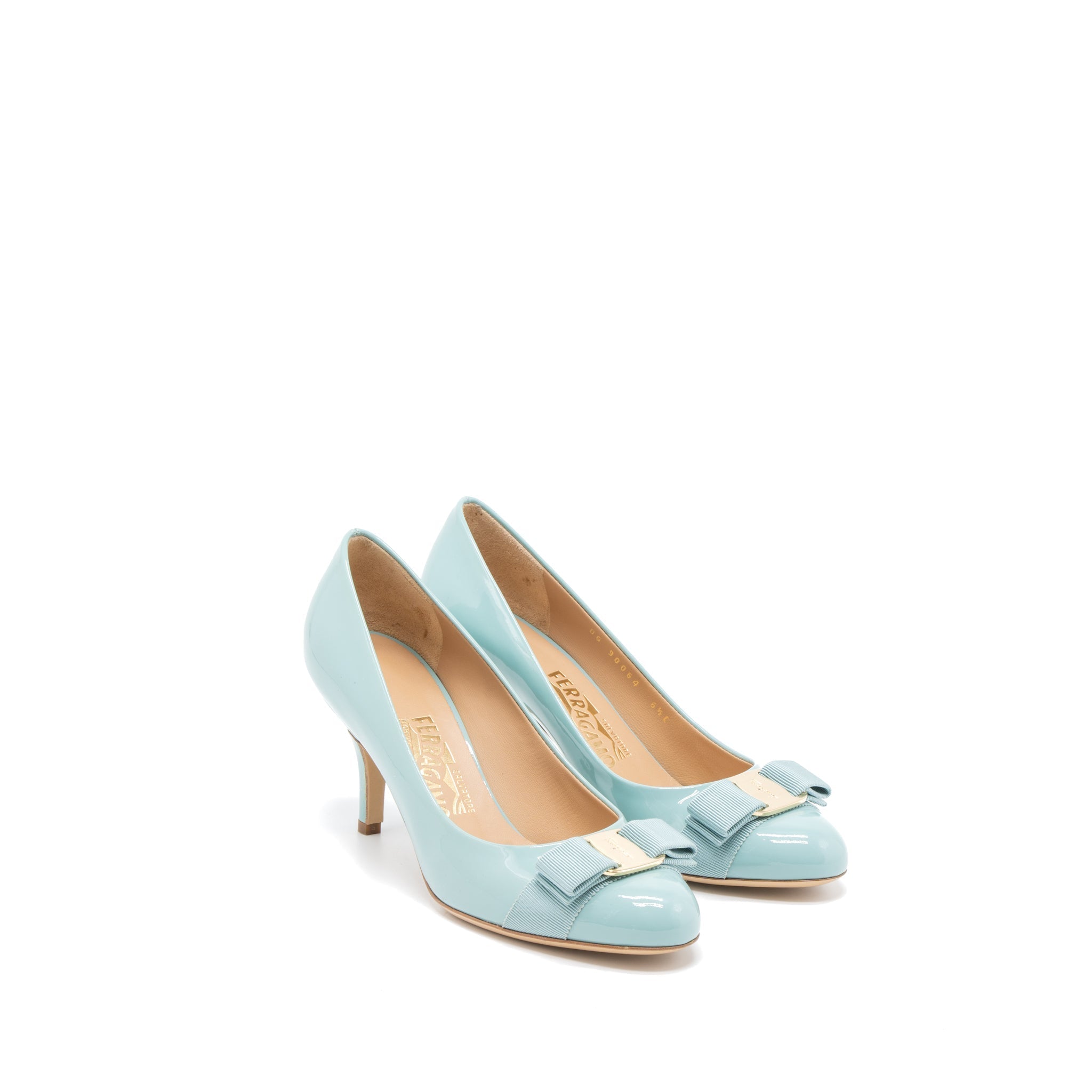 FERRAGAMO 6C CARLA PUMPS PATENT AQUARELLE GHW
