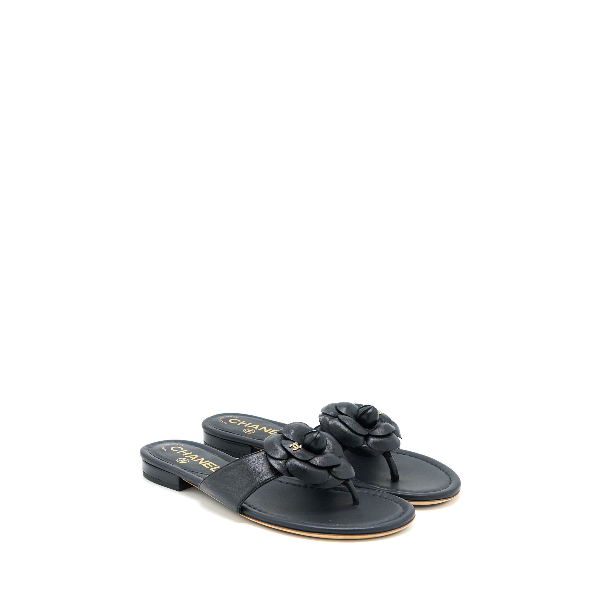 CHANEL CAMELIA SANDAL BLACK GOLD TONE