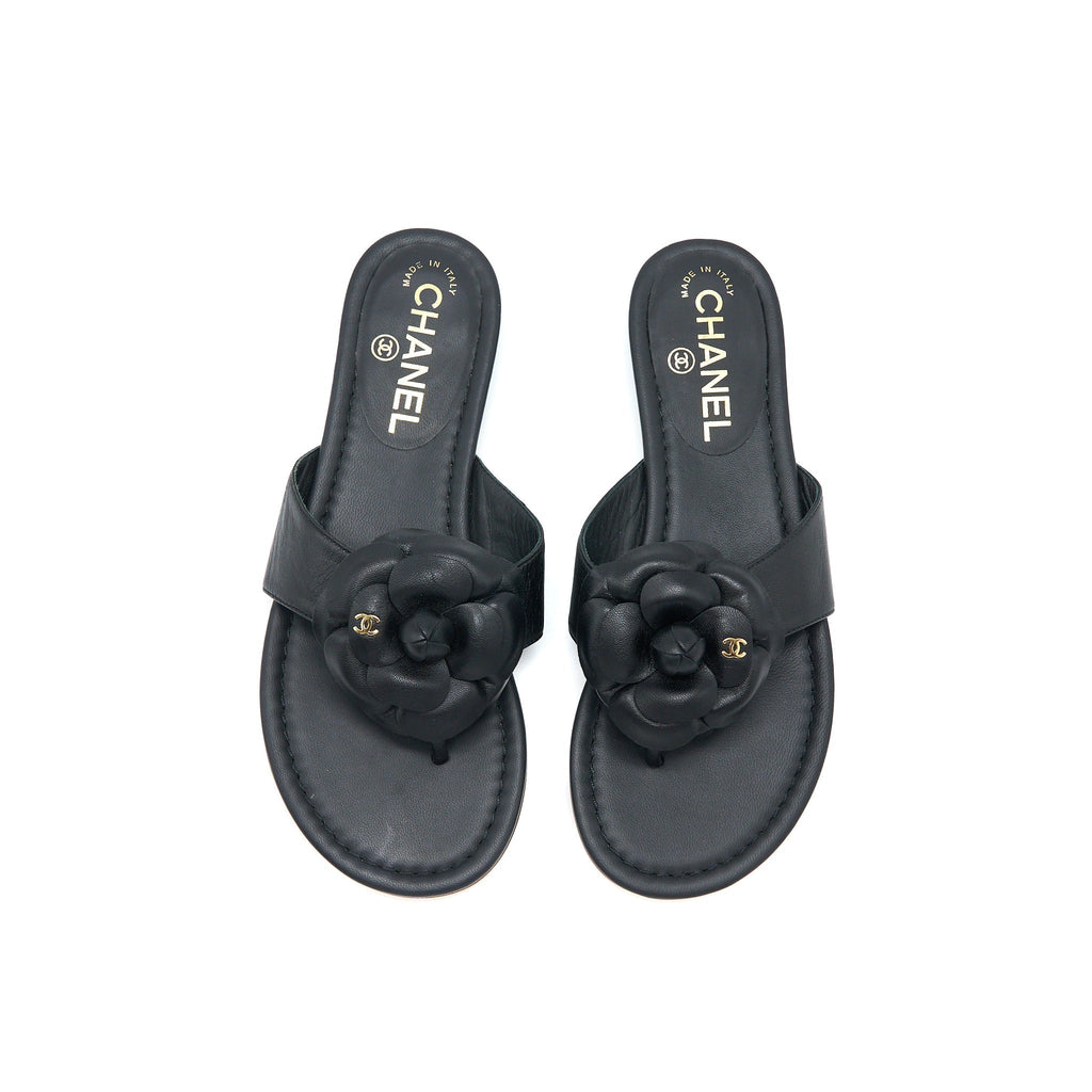 CHANEL CAMELIA SANDAL BLACK GOLD TONE