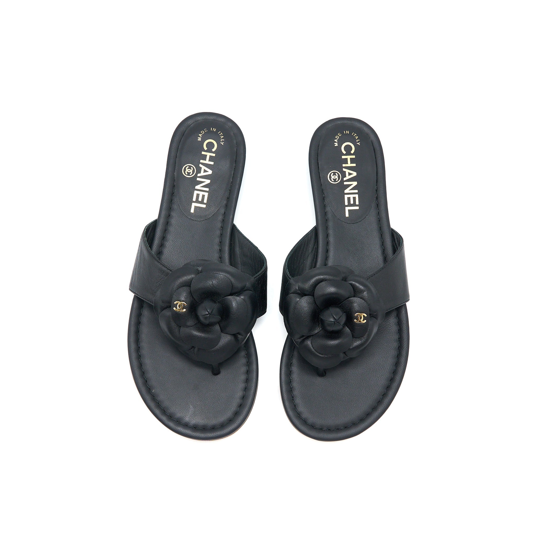 CHANEL CAMELIA SANDAL BLACK GOLD TONE
