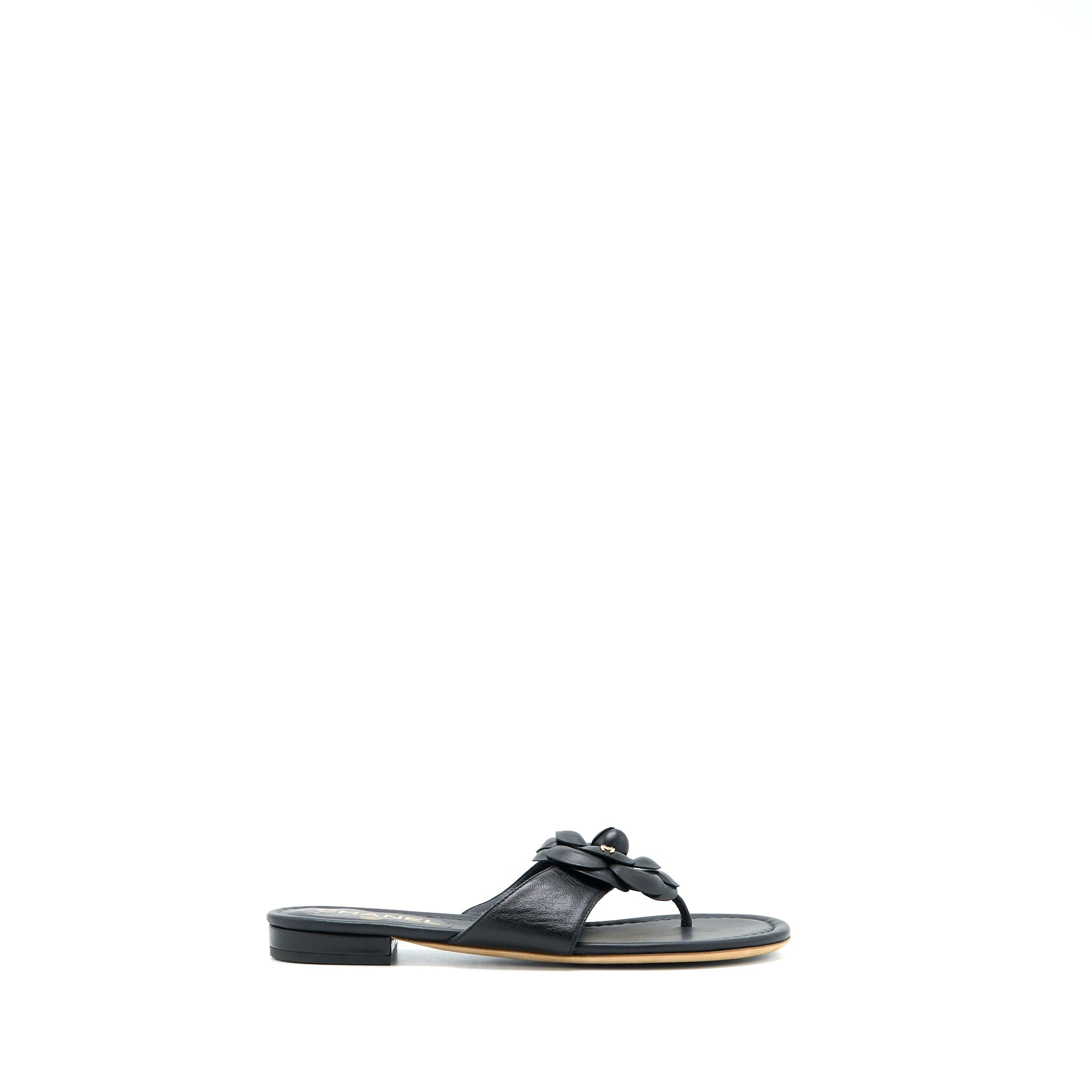 CHANEL CAMELIA SANDAL BLACK GOLD TONE