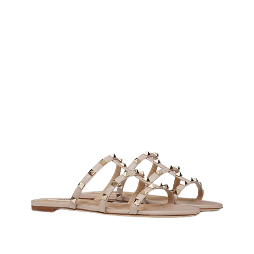 VALENTINO GARAVANI ROCKSTUD CALFSKIN LEATHER SLIDE SANDAL 60MM POUDRE (FLAT SANDAL)