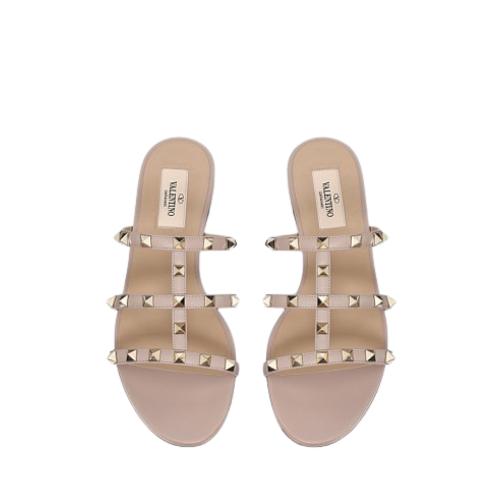 VALENTINO GARAVANI ROCKSTUD CALFSKIN LEATHER SLIDE SANDAL 60MM POUDRE (FLAT SANDAL)