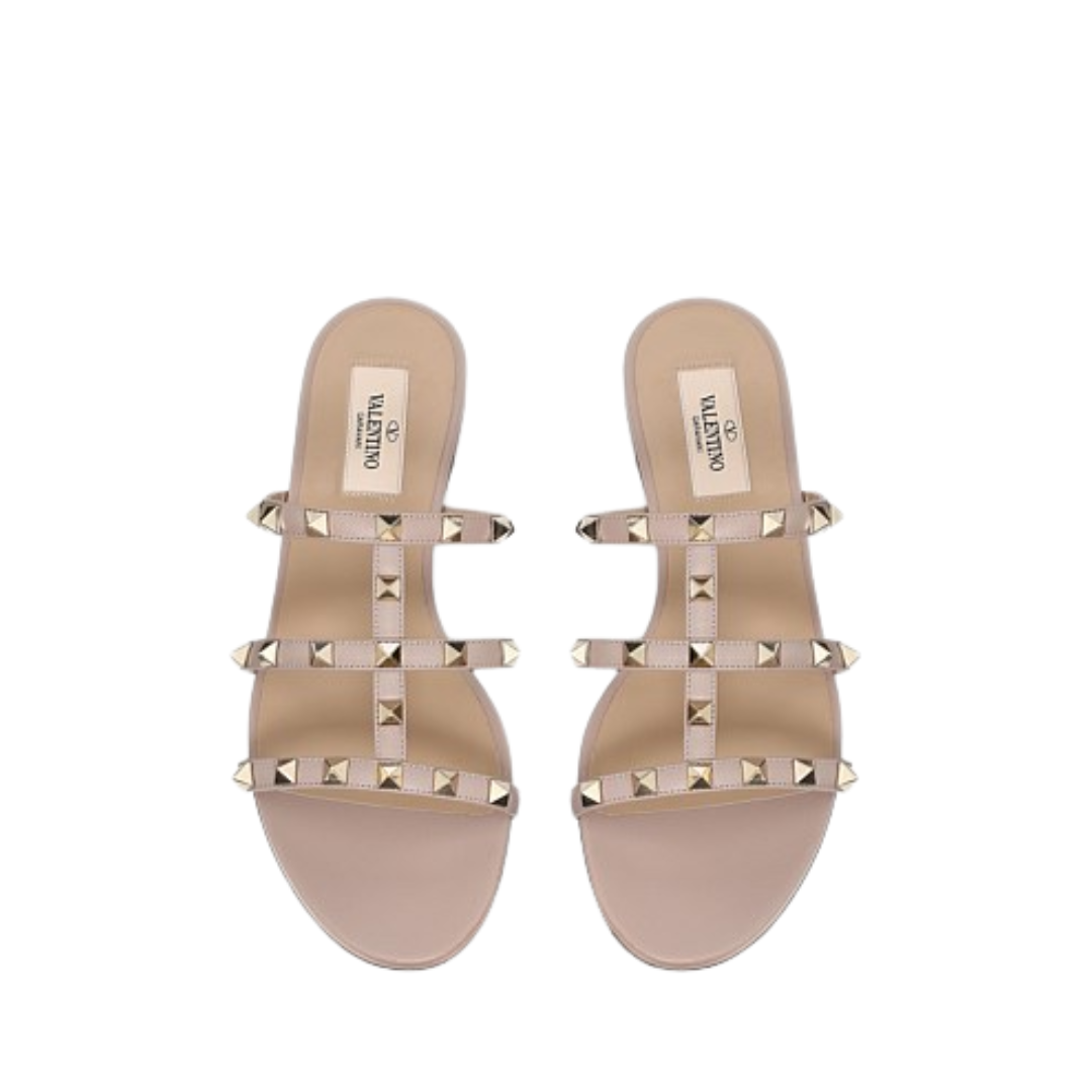 VALENTINO GARAVANI ROCKSTUD CALFSKIN LEATHER SLIDE SANDAL 60MM POUDRE (FLAT SANDAL)