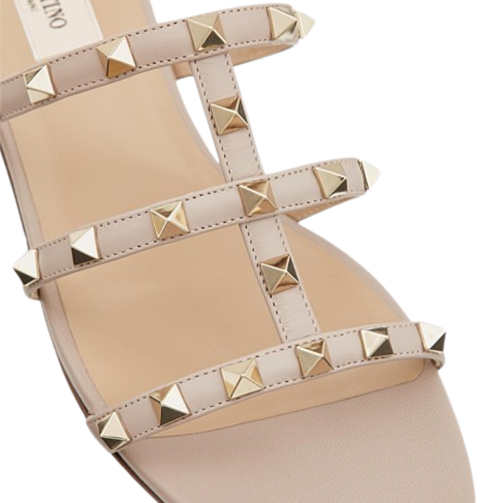 VALENTINO GARAVANI ROCKSTUD CALFSKIN LEATHER SLIDE SANDAL 60MM POUDRE (FLAT SANDAL)