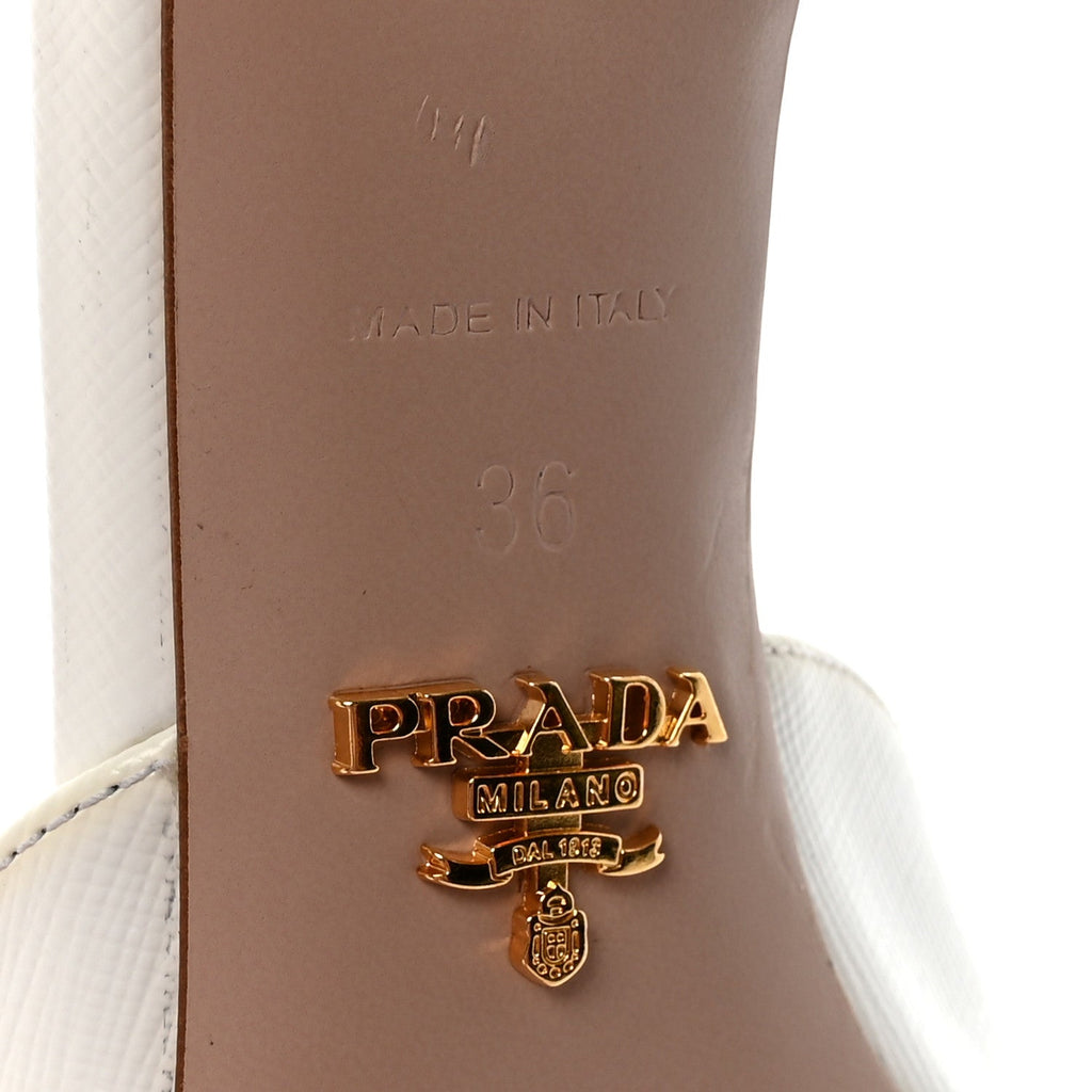 PRADA SAFFIANO LOGO POINTED TOE MULES WHITE