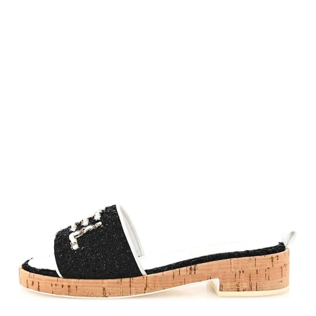 Chanel Tweed Cork CC Chain Mule Sandal - Black/White