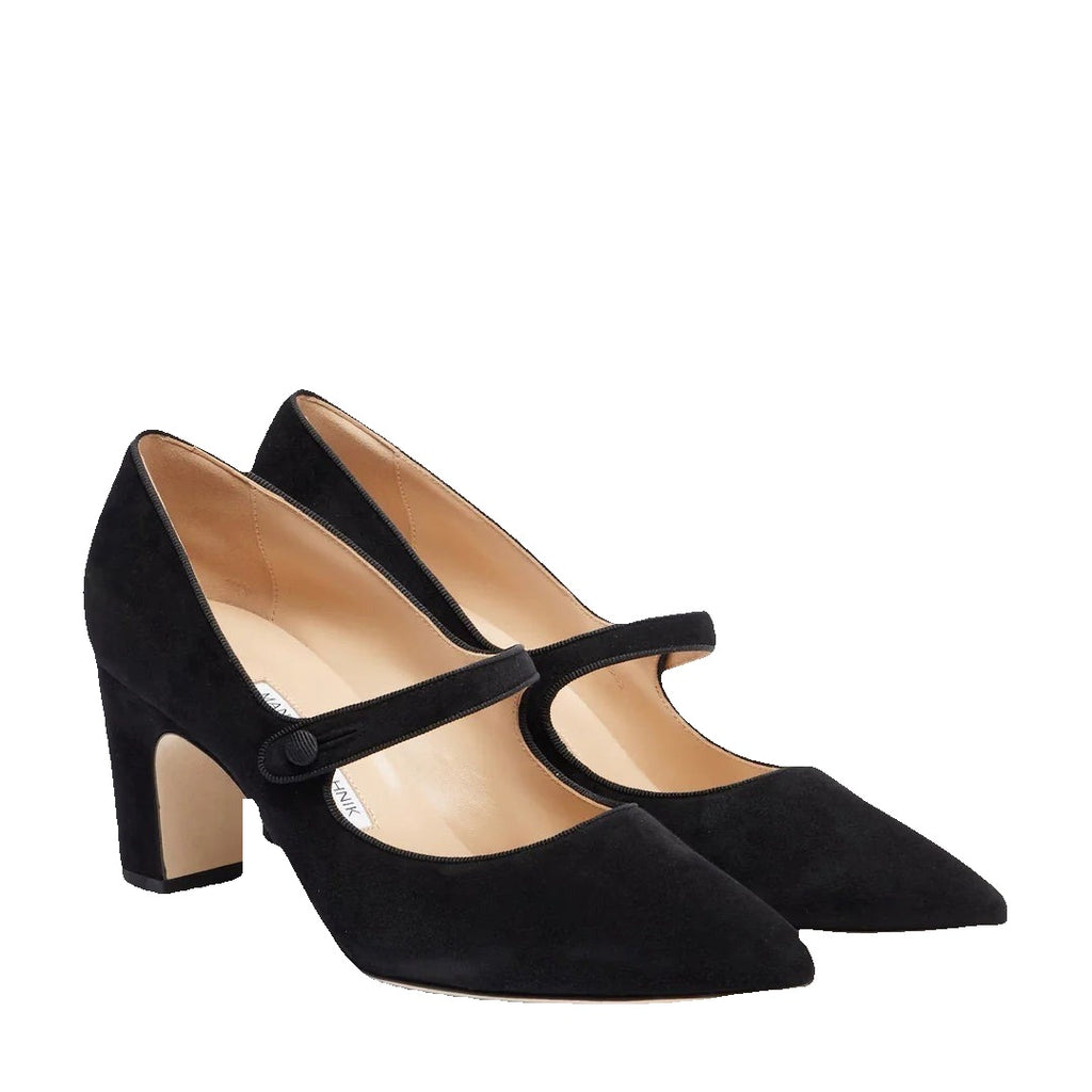 Manolo Blahnik Campariba Pointed Toe Mary Jane Pump - Black Suede