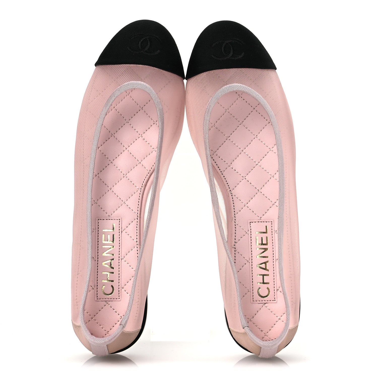 CHANEL TWEED GROSGRAIN CAP TOE CC BALLERINA FLAT PINK BLACK & GOLD