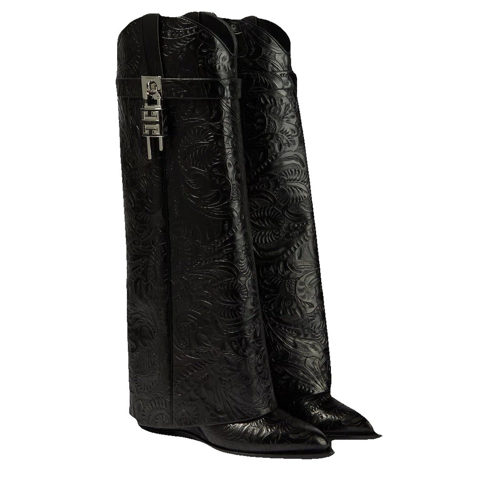 Givenchy Aged Calfskin Cowboy Shark Lock High Boot - Black