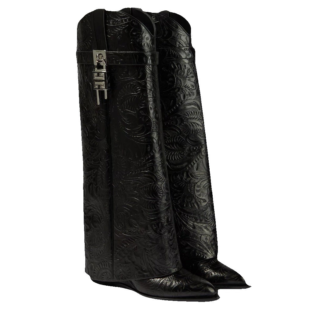 Givenchy Aged Calfskin Cowboy Shark Lock High Boot - Black